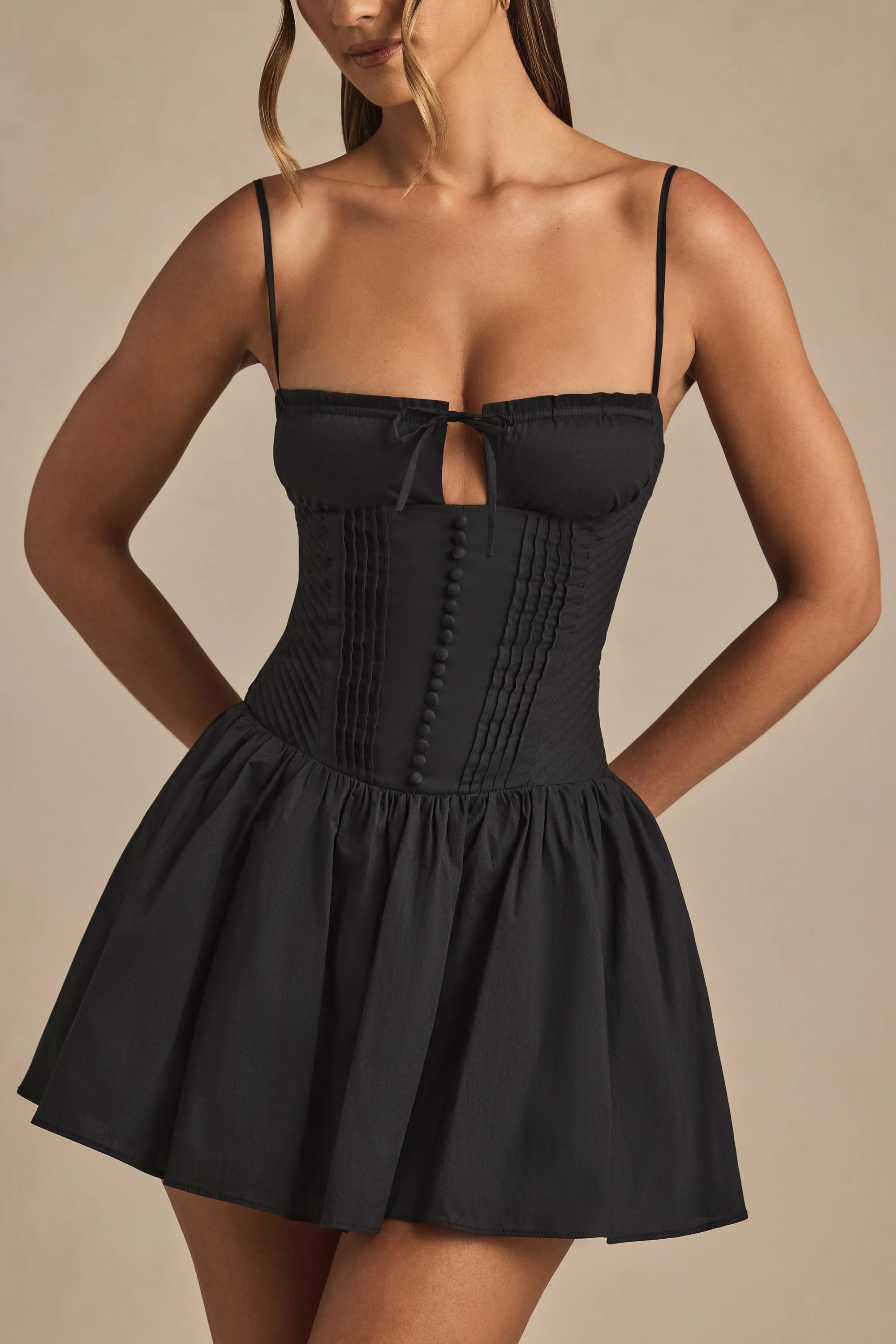 Pintucked Shirred Mini Dress in Black - Image 4