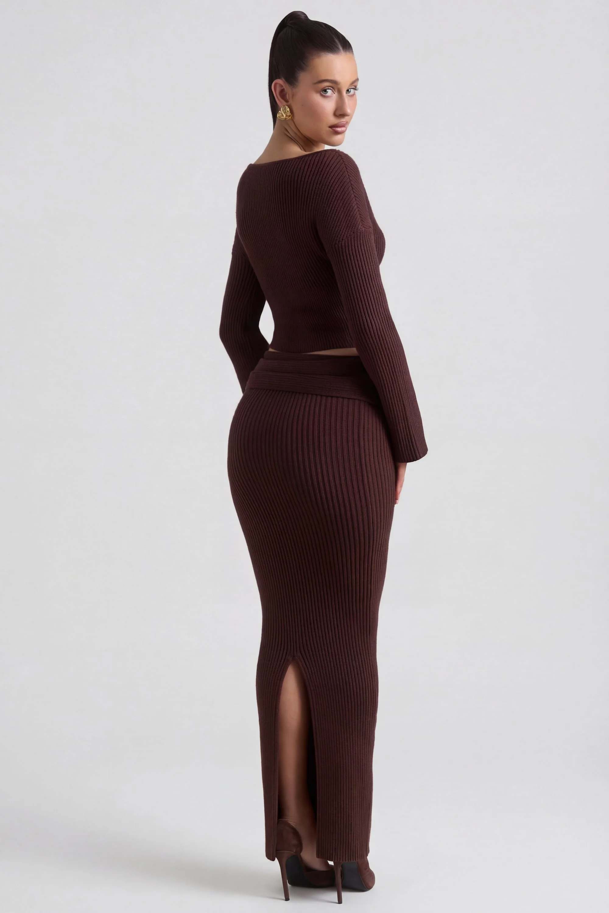 Ribbed-Knit Foldover Maxi Skirt in Espresso - Image 2