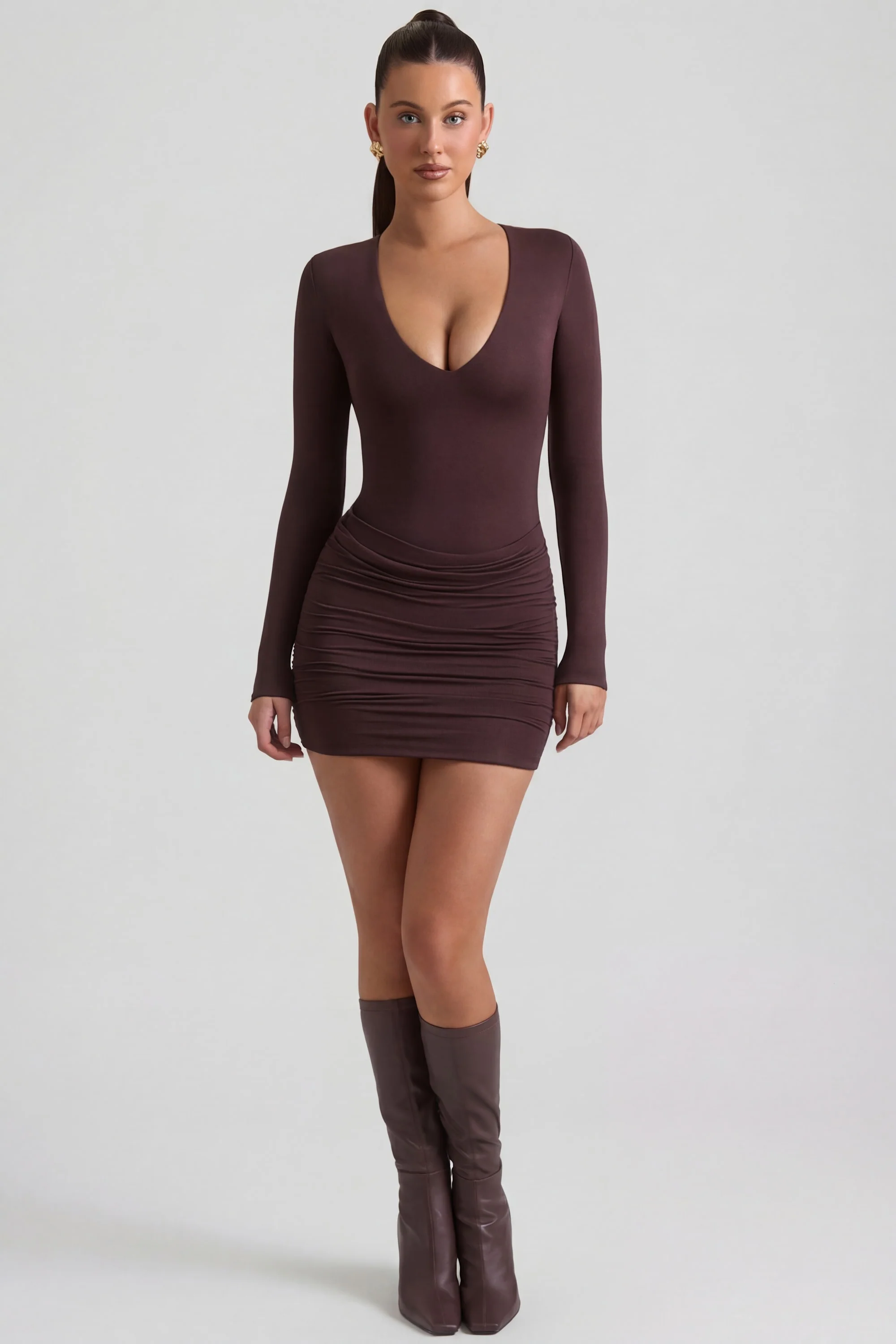 Modal-Cashmere Blend Draped Long-Sleeve Mini Dress in Espresso - Image 5