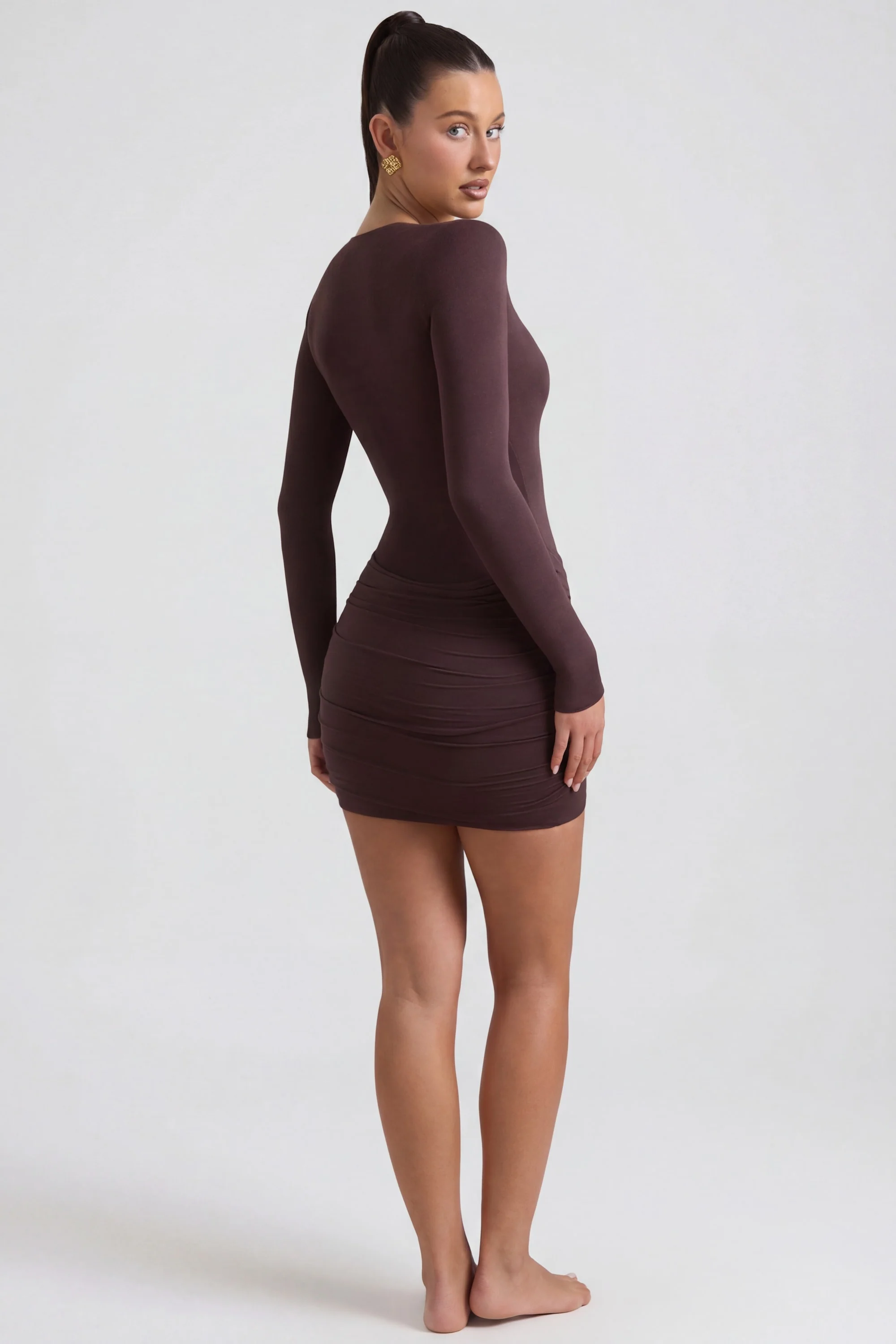 Modal-Cashmere Blend Draped Long-Sleeve Mini Dress in Espresso - Image 6