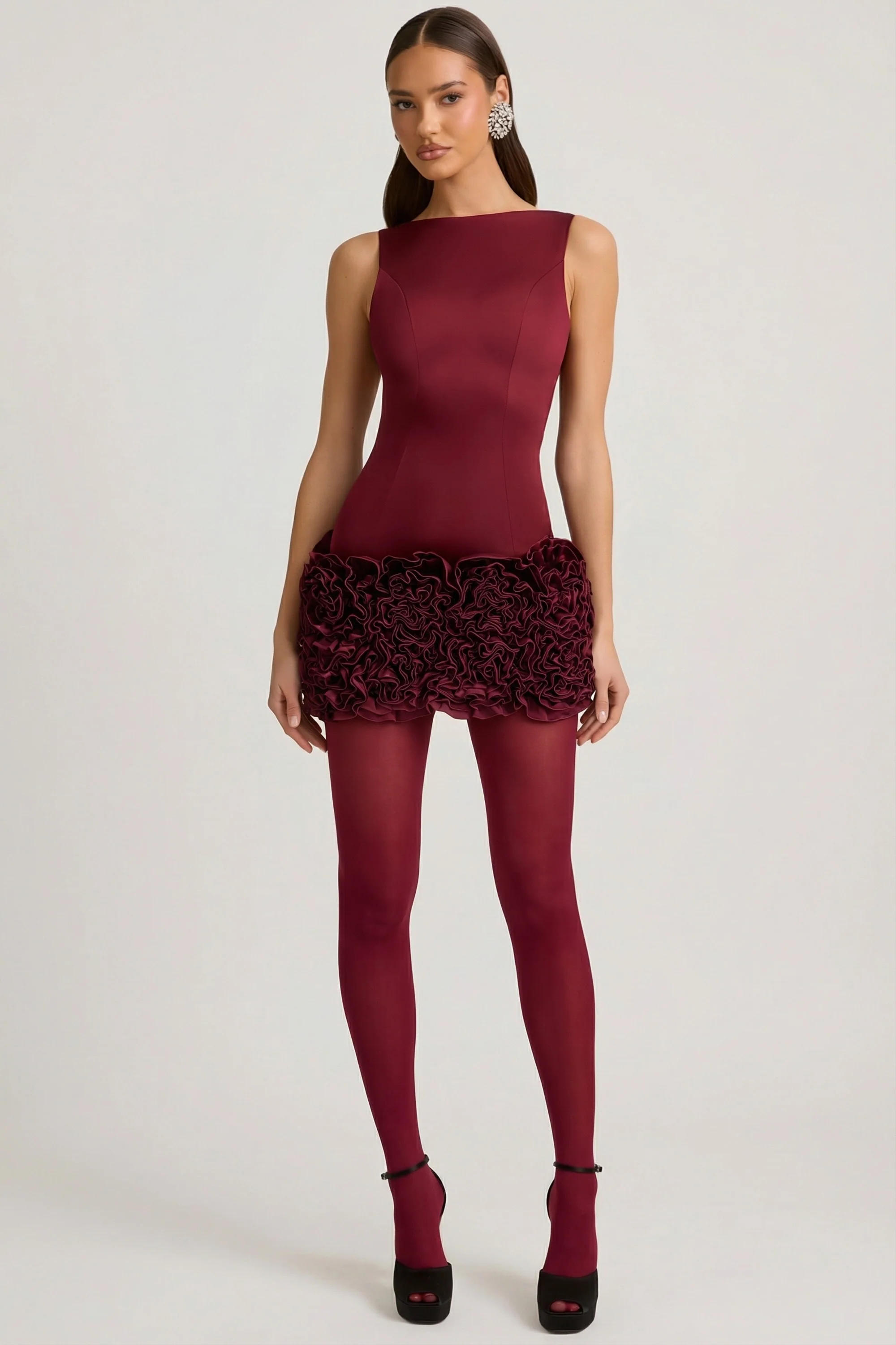 Satin Floral Appliqué Open-Back Mini Dress in Wine Red - Image 8