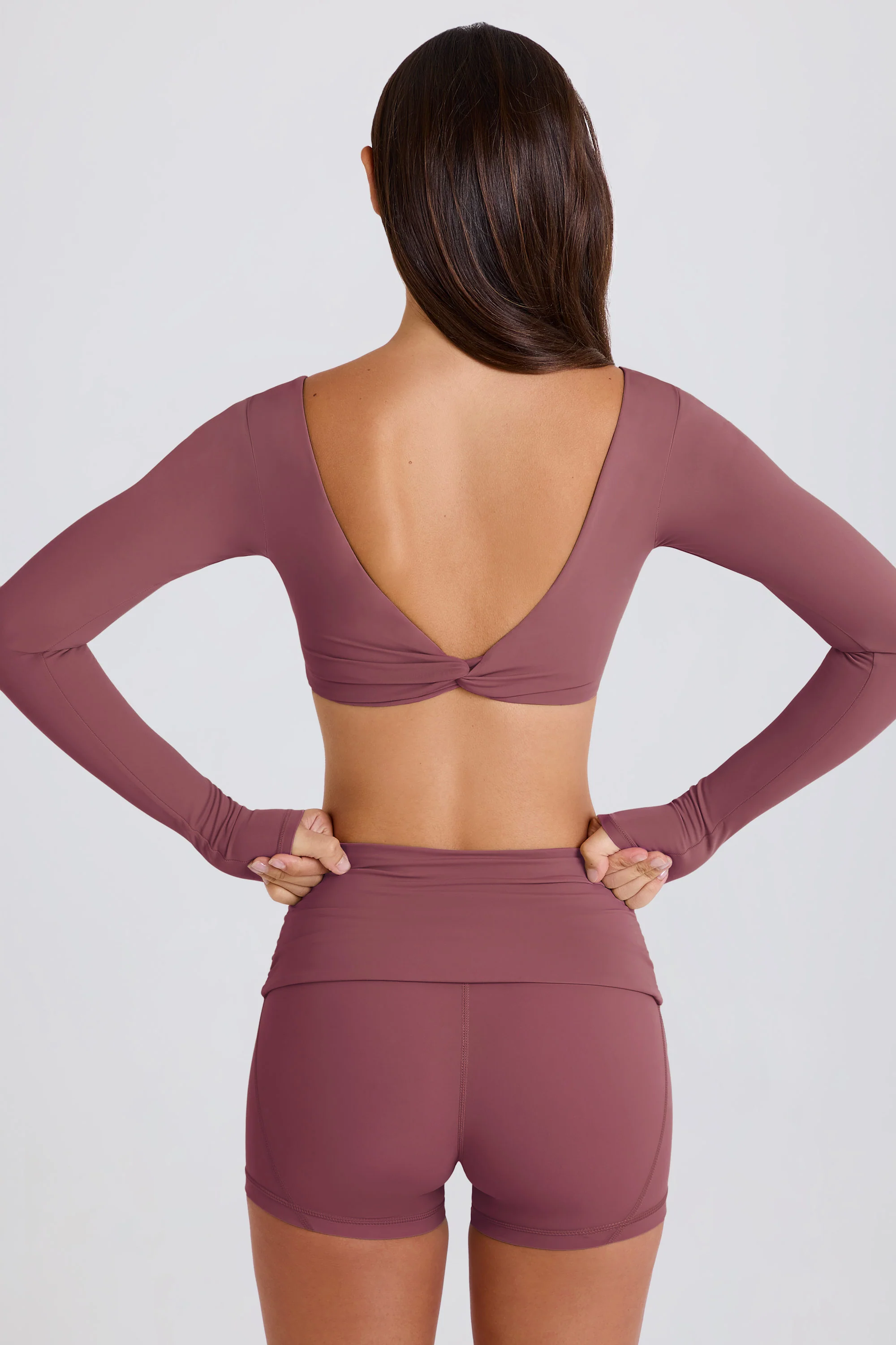Four-Way Stretch Foldover Mid-Rise Mini Shorts in Acai - Image 4