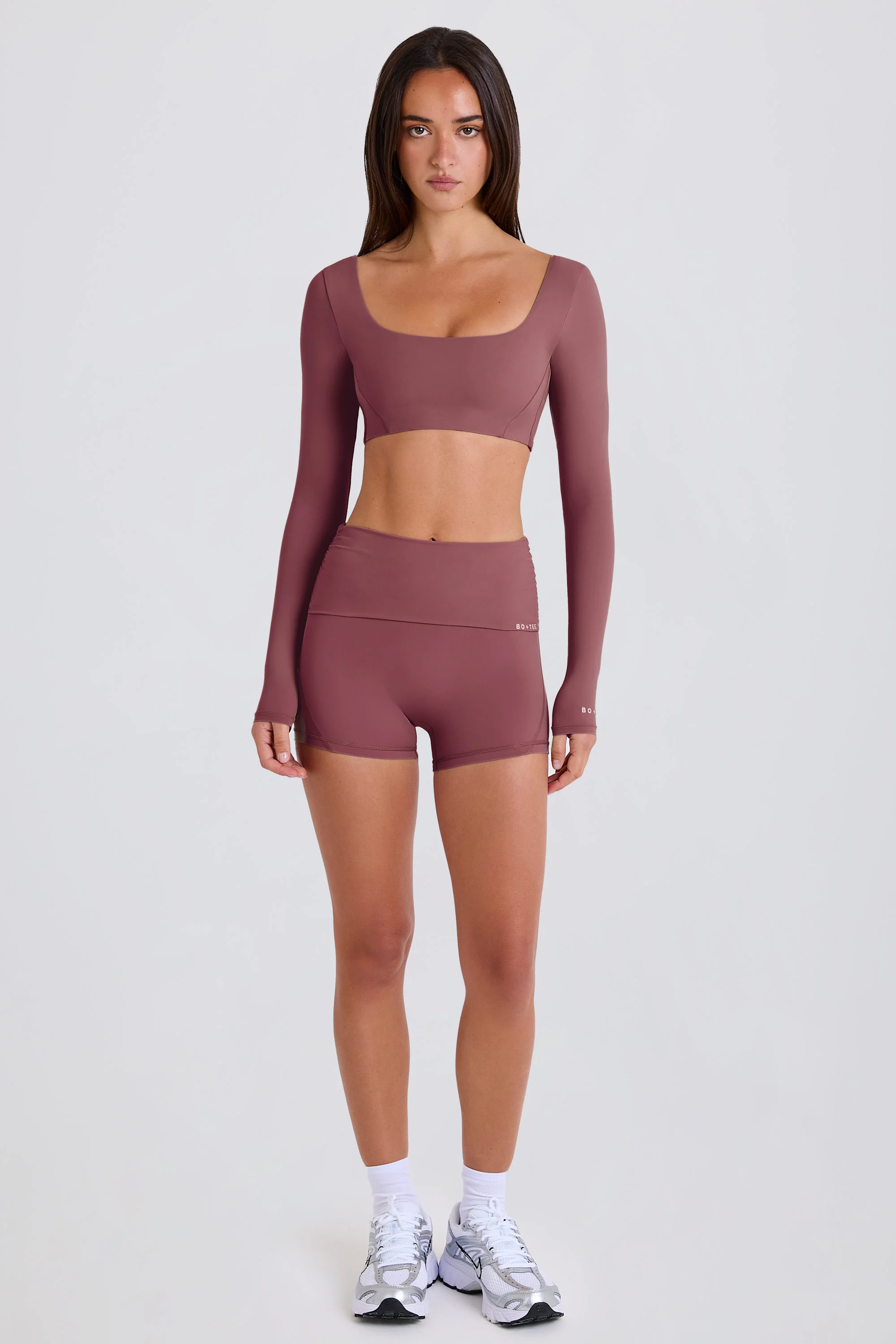 Four-Way Stretch Foldover Mid-Rise Mini Shorts in Acai - Image 5