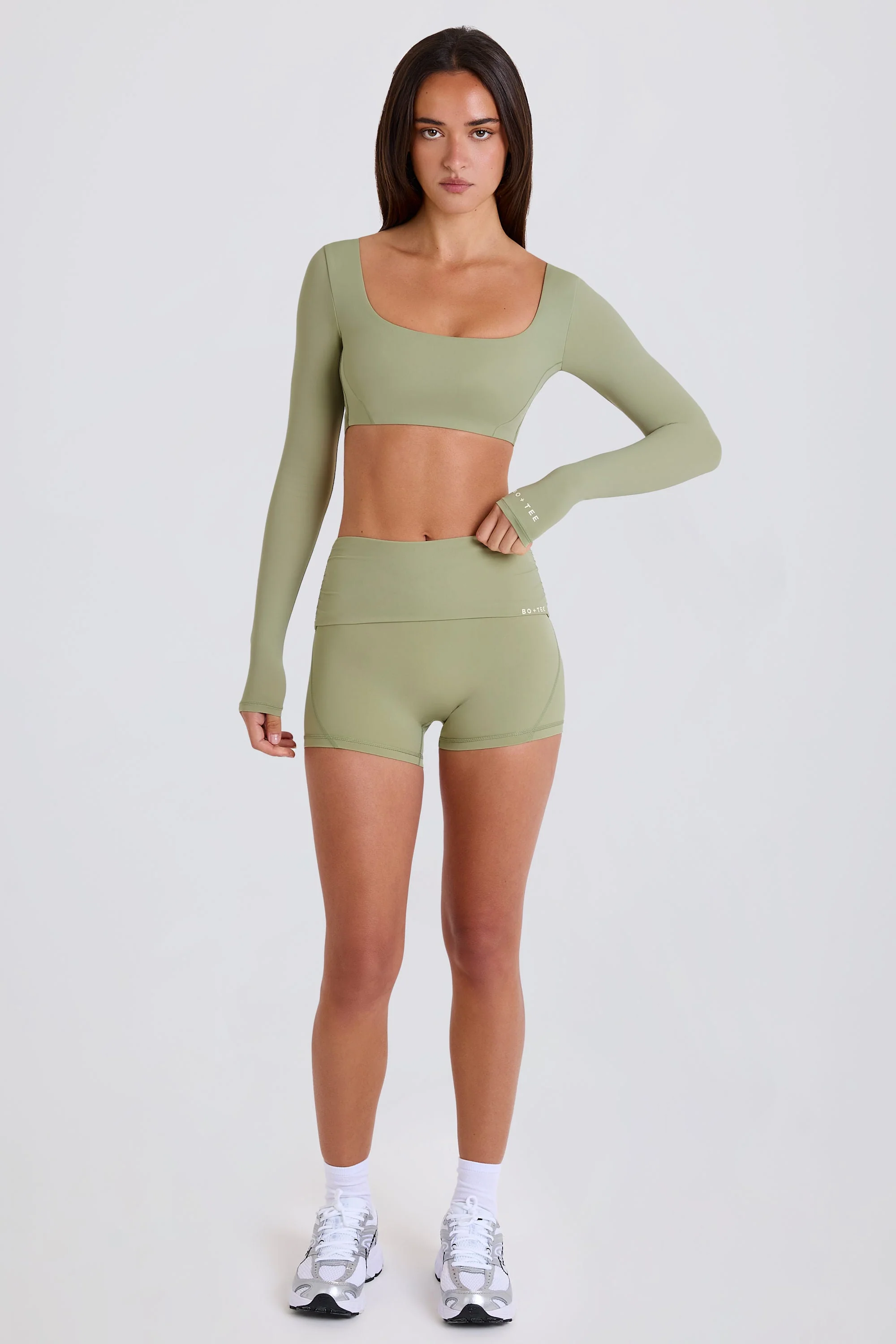 Four-Way Stretch Foldover Mid-Rise Mini Shorts in Matcha - Image 5