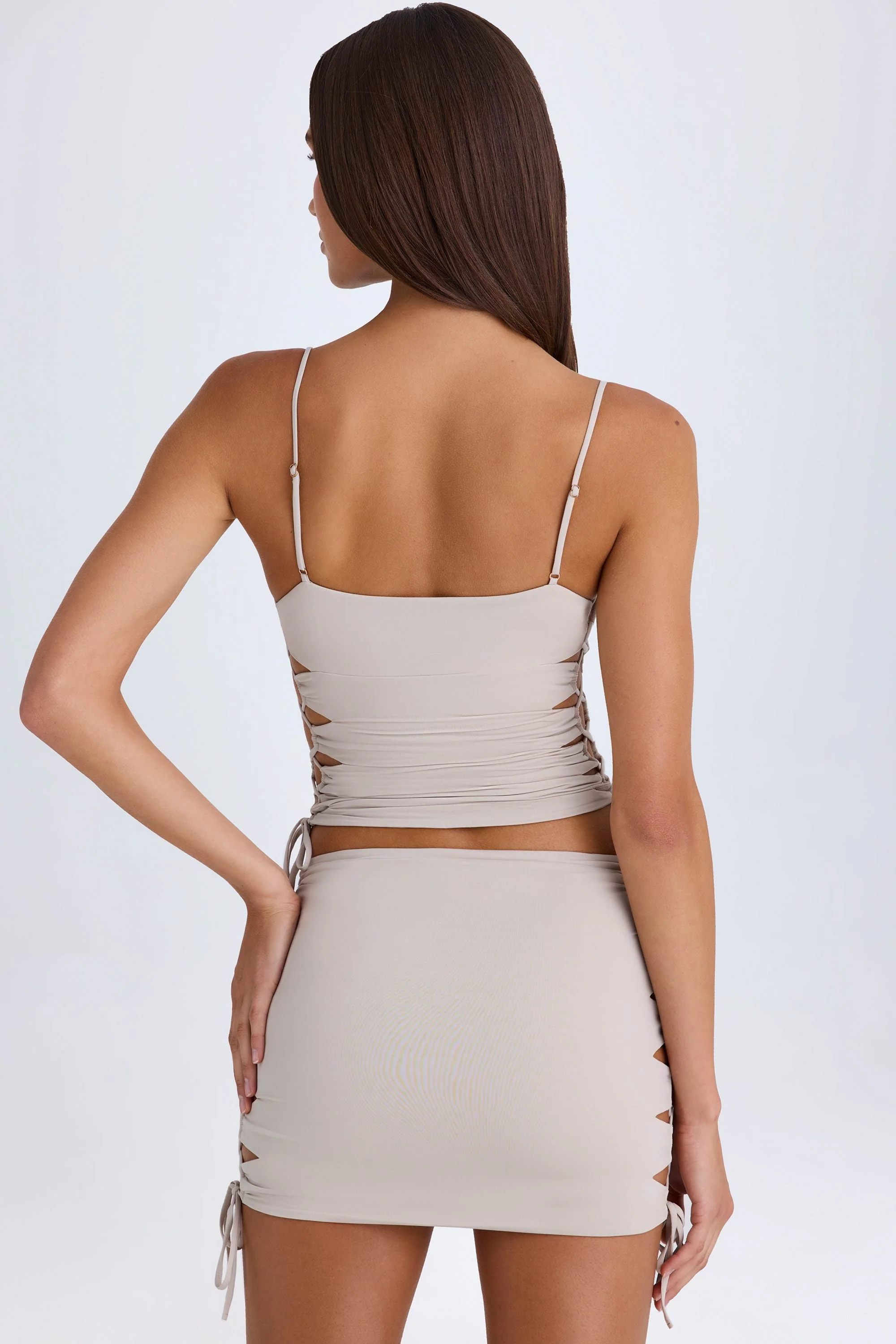 Ruched Cut-Out Mini Skirt in Taupe - Image 3