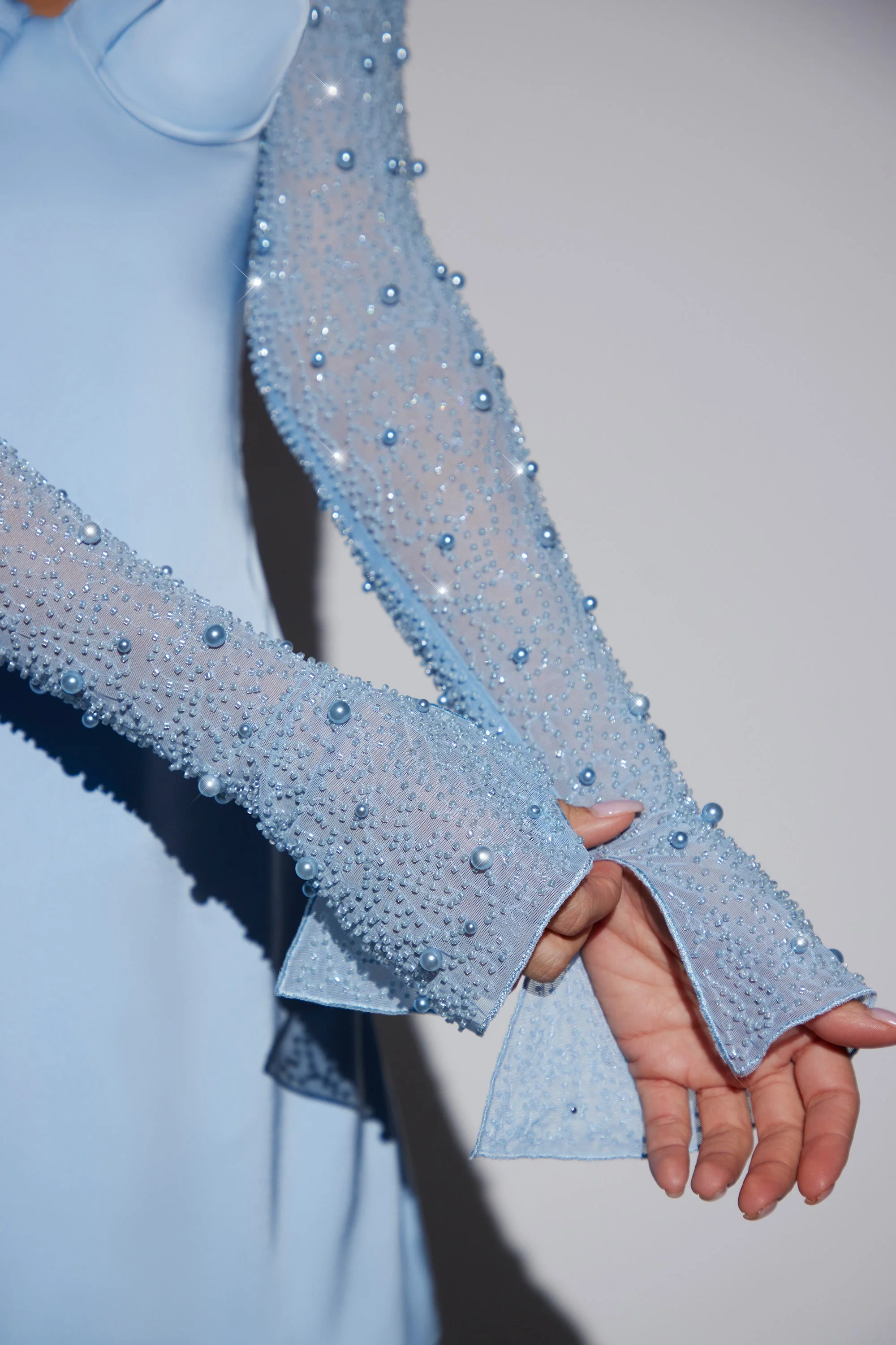 Long Sleeve Embellished A-line Mini Dress in Blue - Image 5
