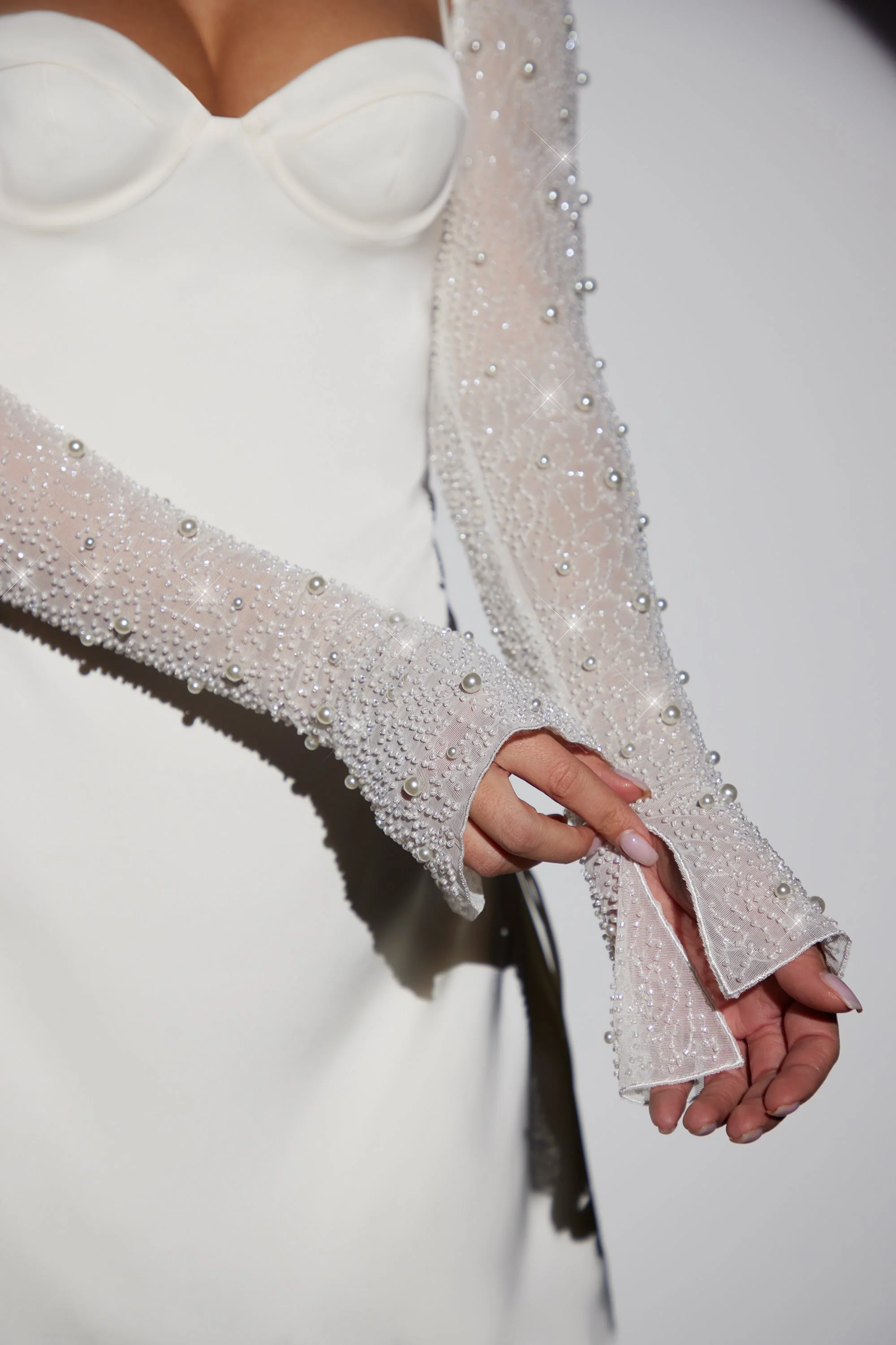 Long Sleeve Embellished A-line Mini Dress in White - Image 6