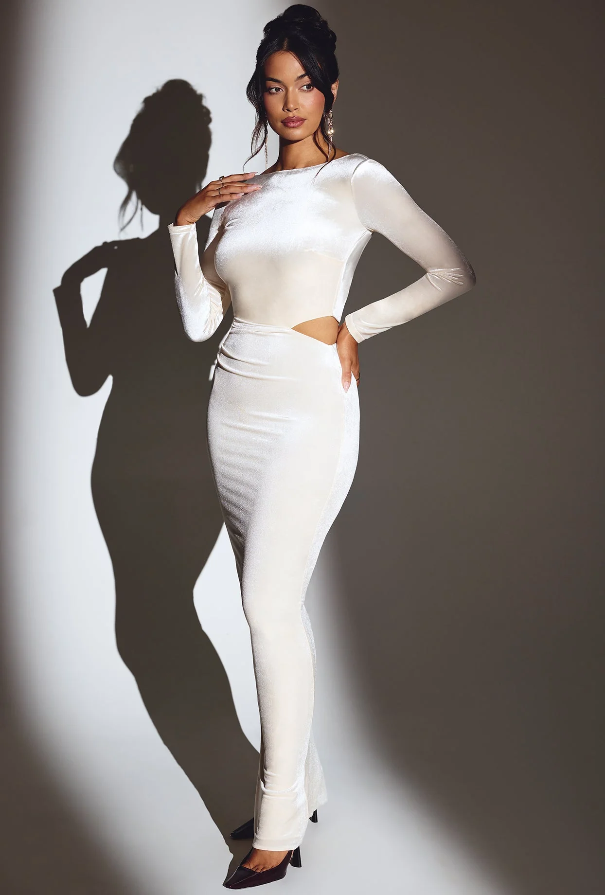 Velvet Long Sleeve Maxi Dress in Ivory - Image 8