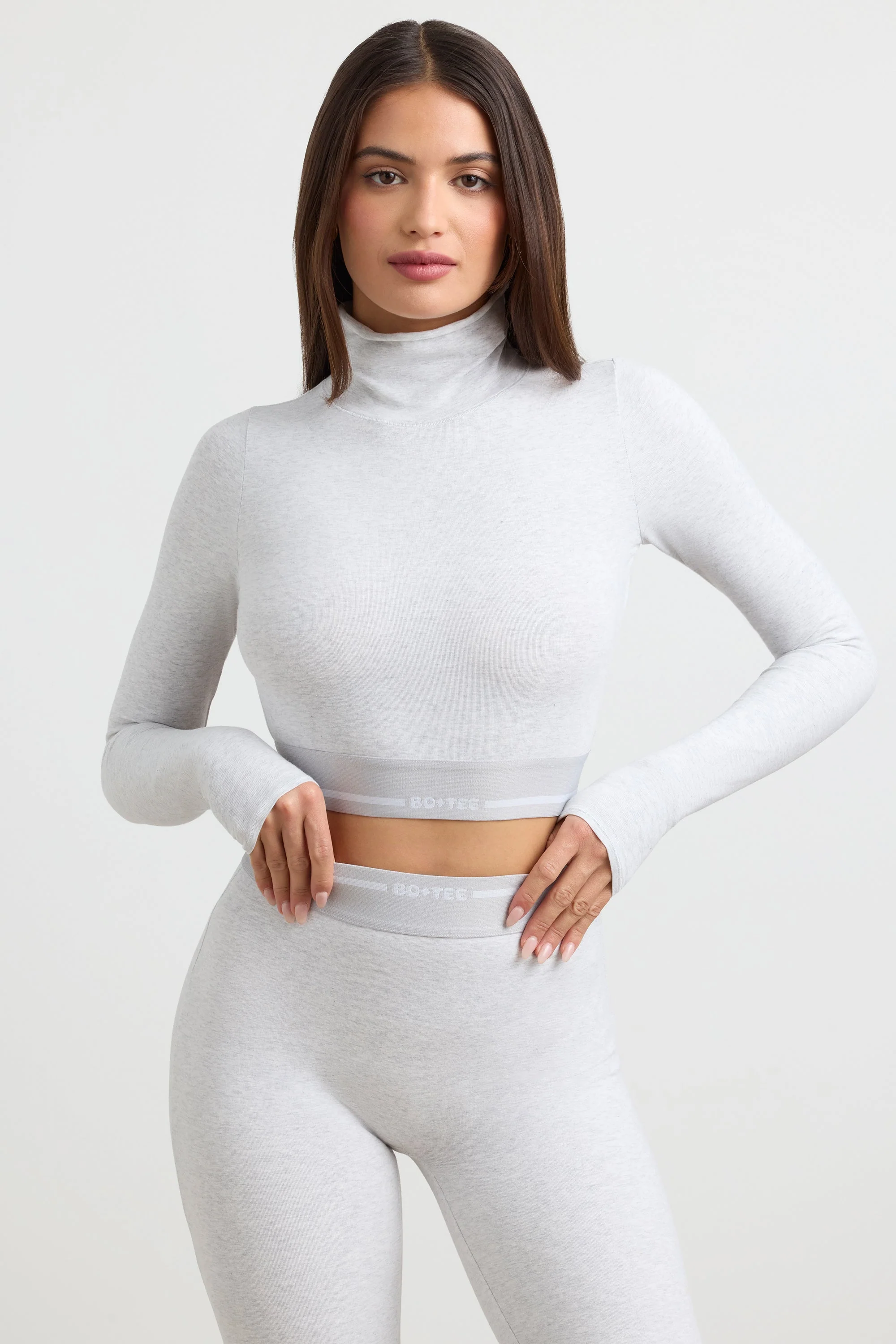 Backless Turtleneck Long-Sleeve Crop Top in Grey Marl - Image 4