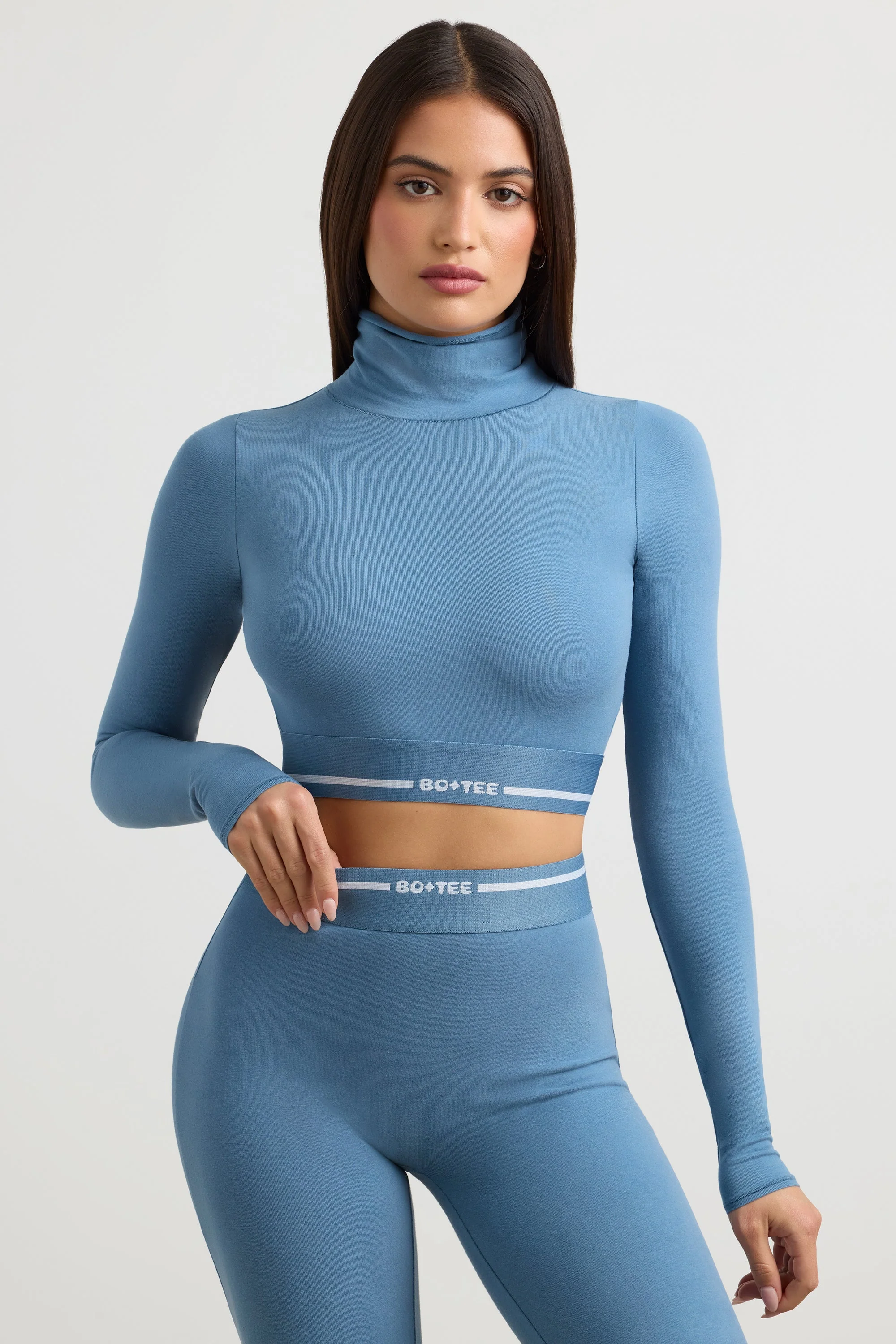 Backless Turtleneck Long-Sleeve Crop Top in Steel Blue - Image 6