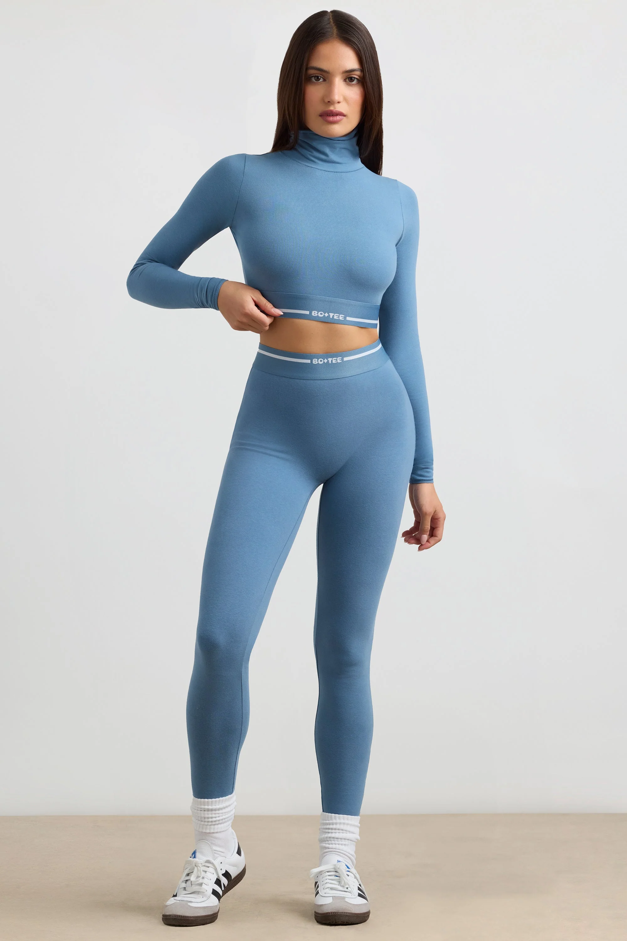Backless Turtleneck Long-Sleeve Crop Top in Steel Blue - Image 8