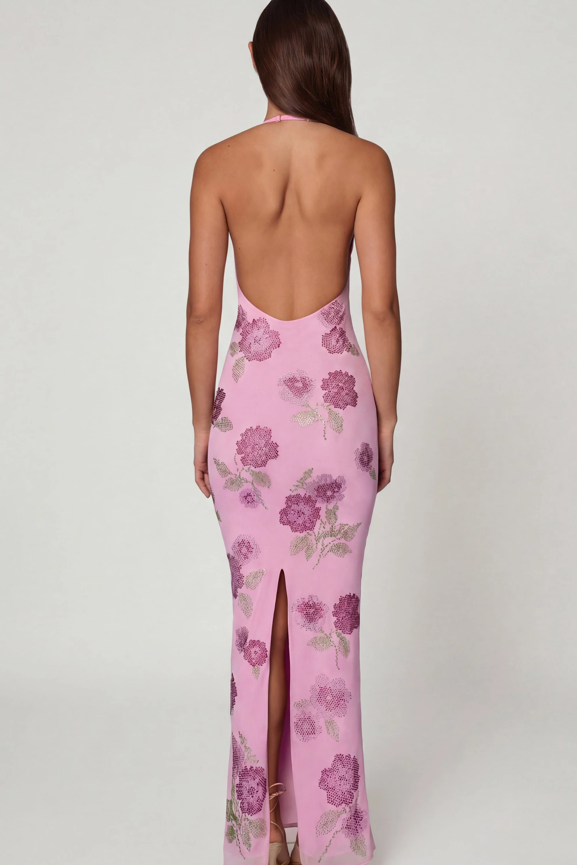 Embellished Halterneck Maxi Dress in Soft Pink - Image 2