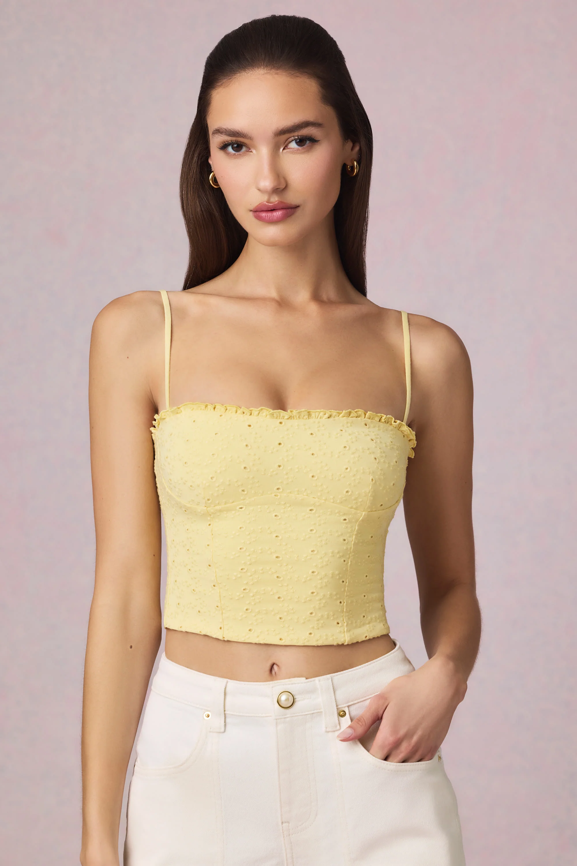 Modal Broderie Anglaise Camisole Top in Lemon Yellow - Image 11