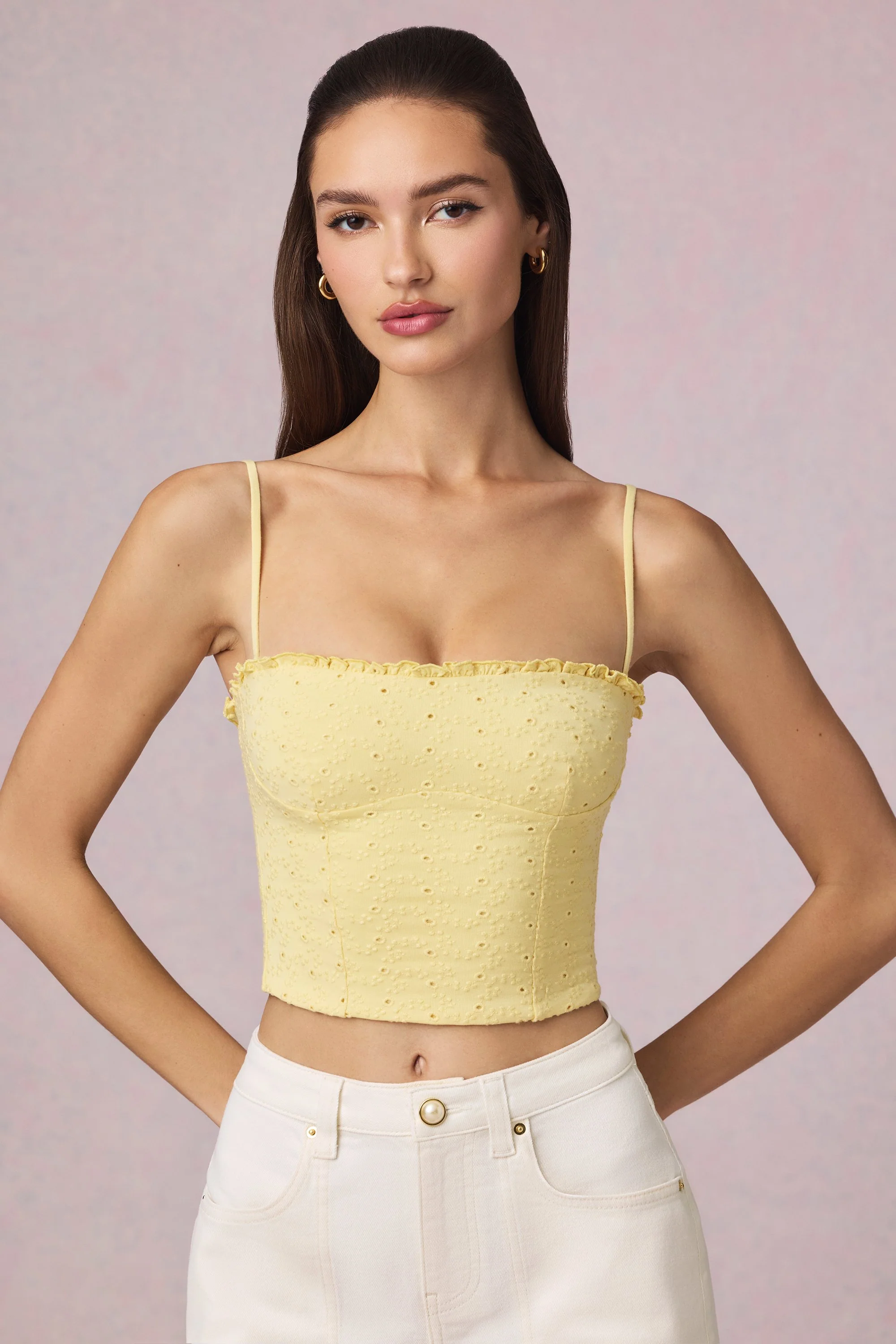 Modal Broderie Anglaise Camisole Top in Lemon Yellow - Image 12