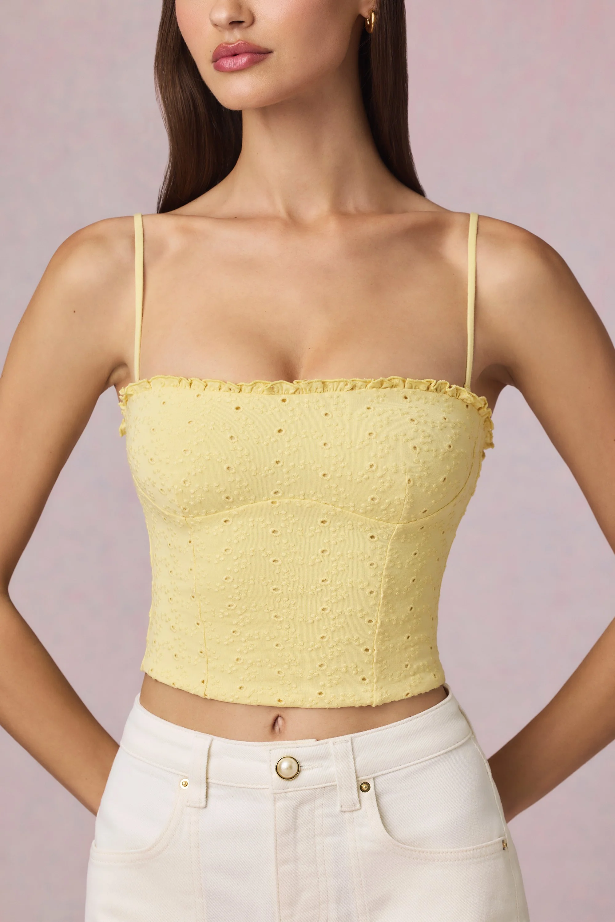 Modal Broderie Anglaise Camisole Top in Lemon Yellow - Image 15