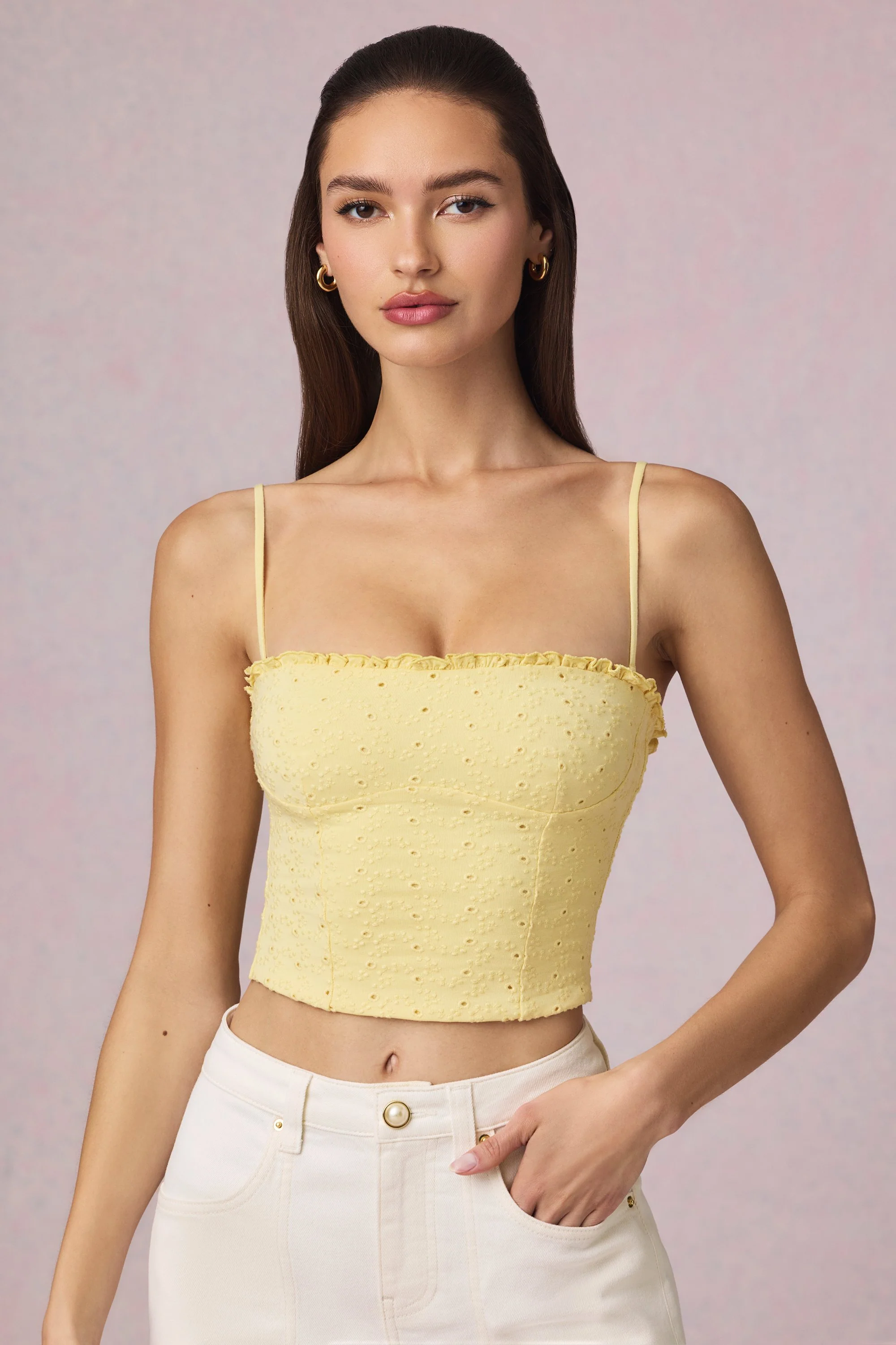 Modal Broderie Anglaise Camisole Top in Lemon Yellow - Image 9