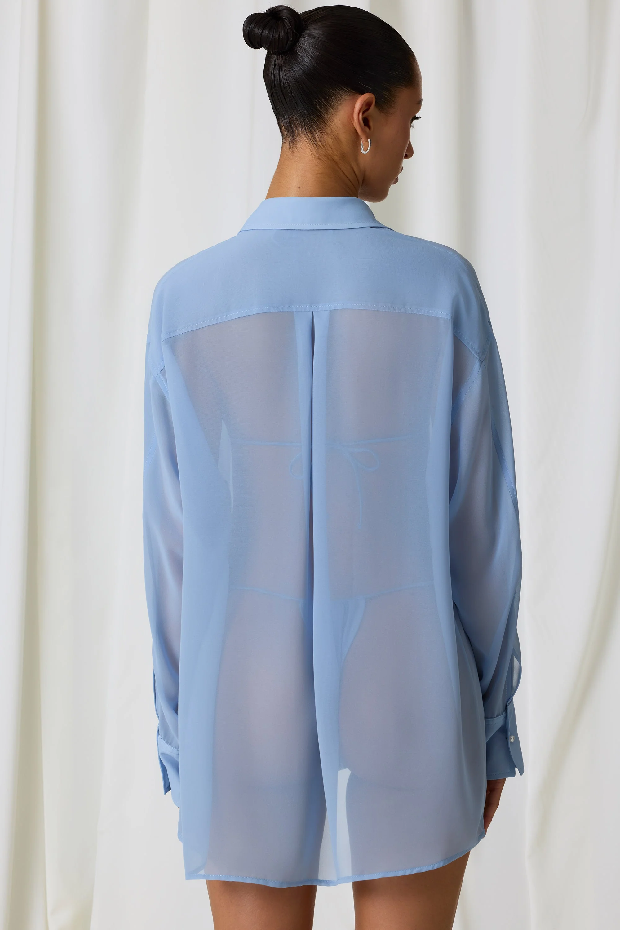 Pearl-Detail Oversized Shirt in Sky Blue - Image 2
