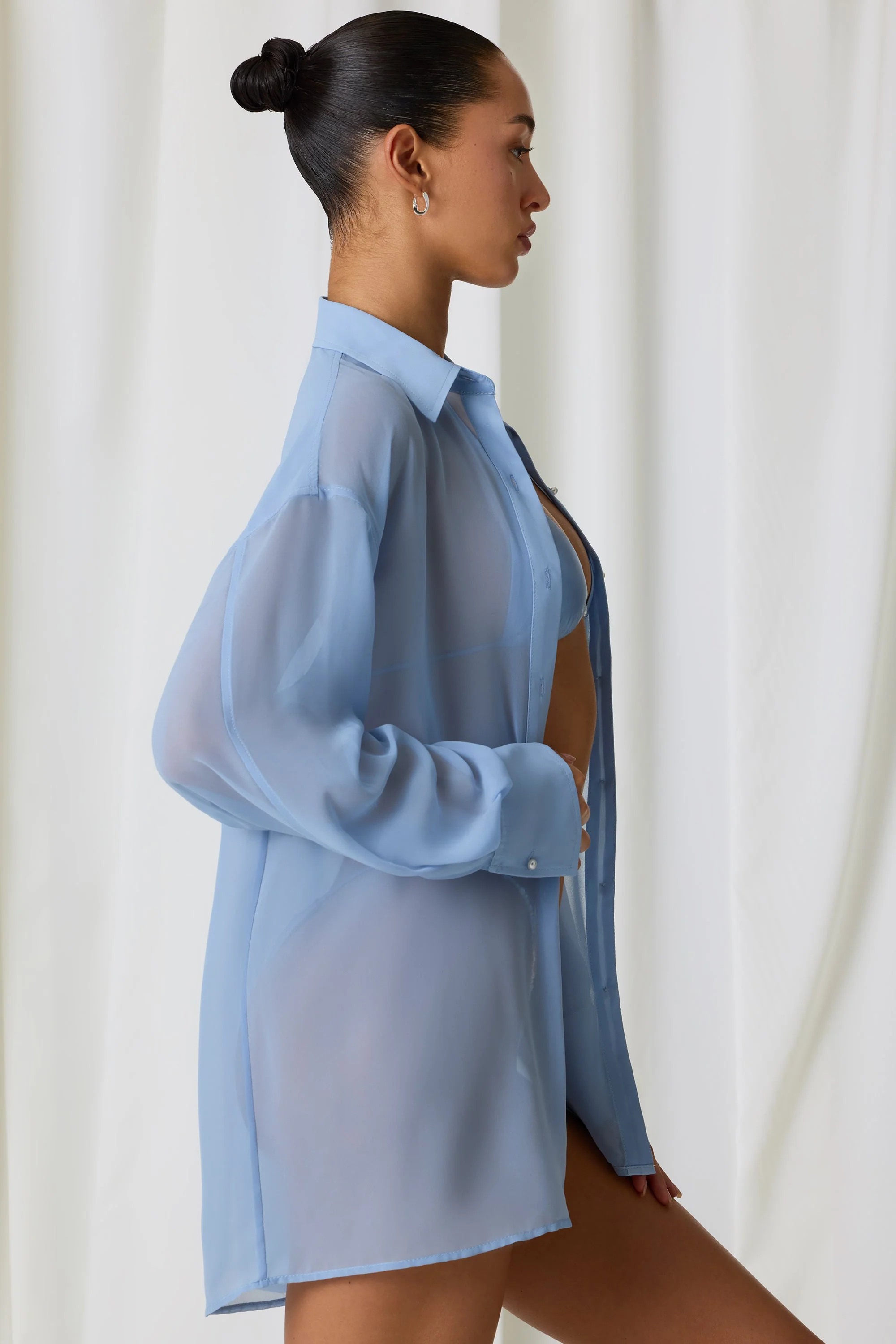 Pearl-Detail Oversized Shirt in Sky Blue - Image 3