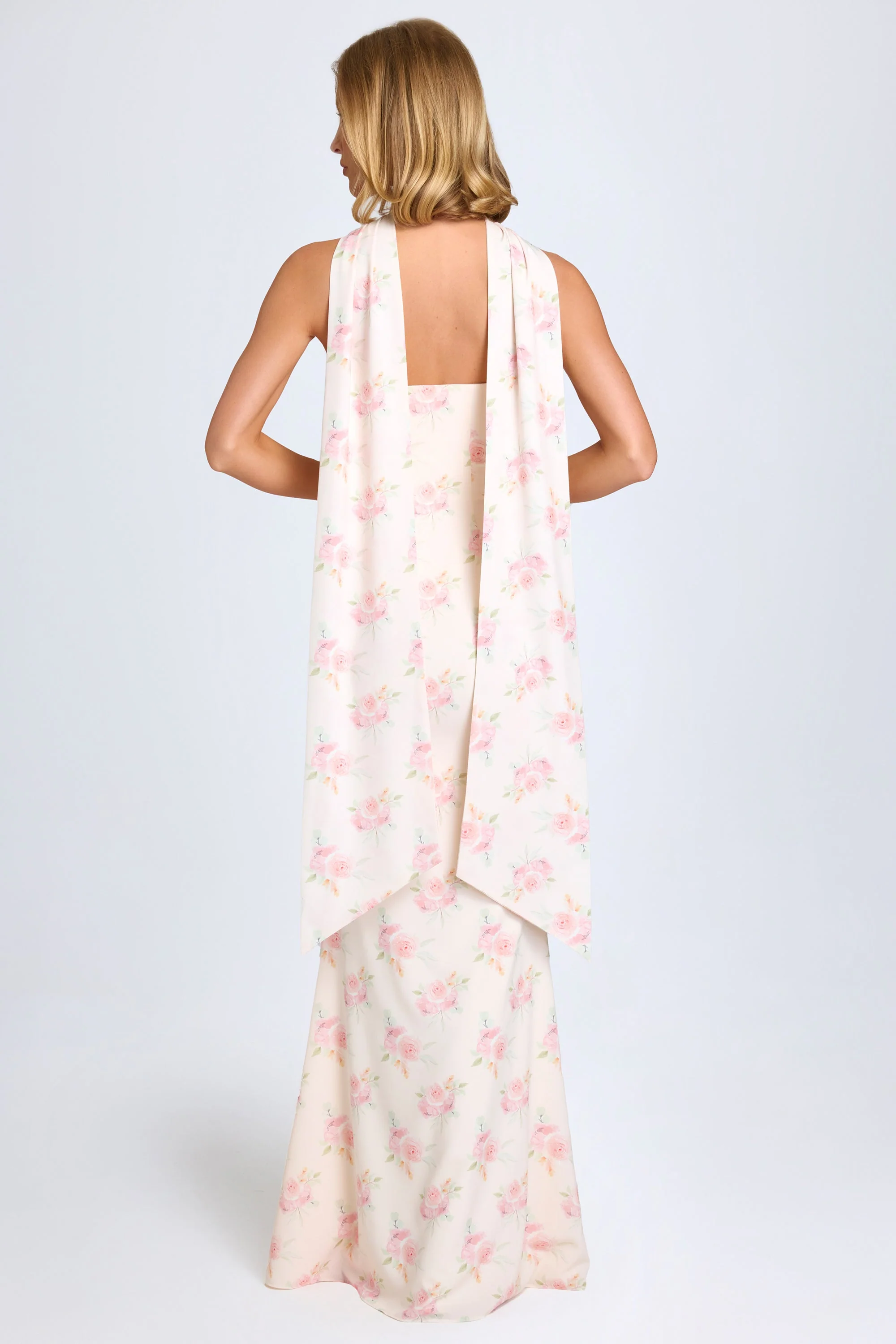 Scarf-Detail Strapless Gown in Large Rose Print - Image 3