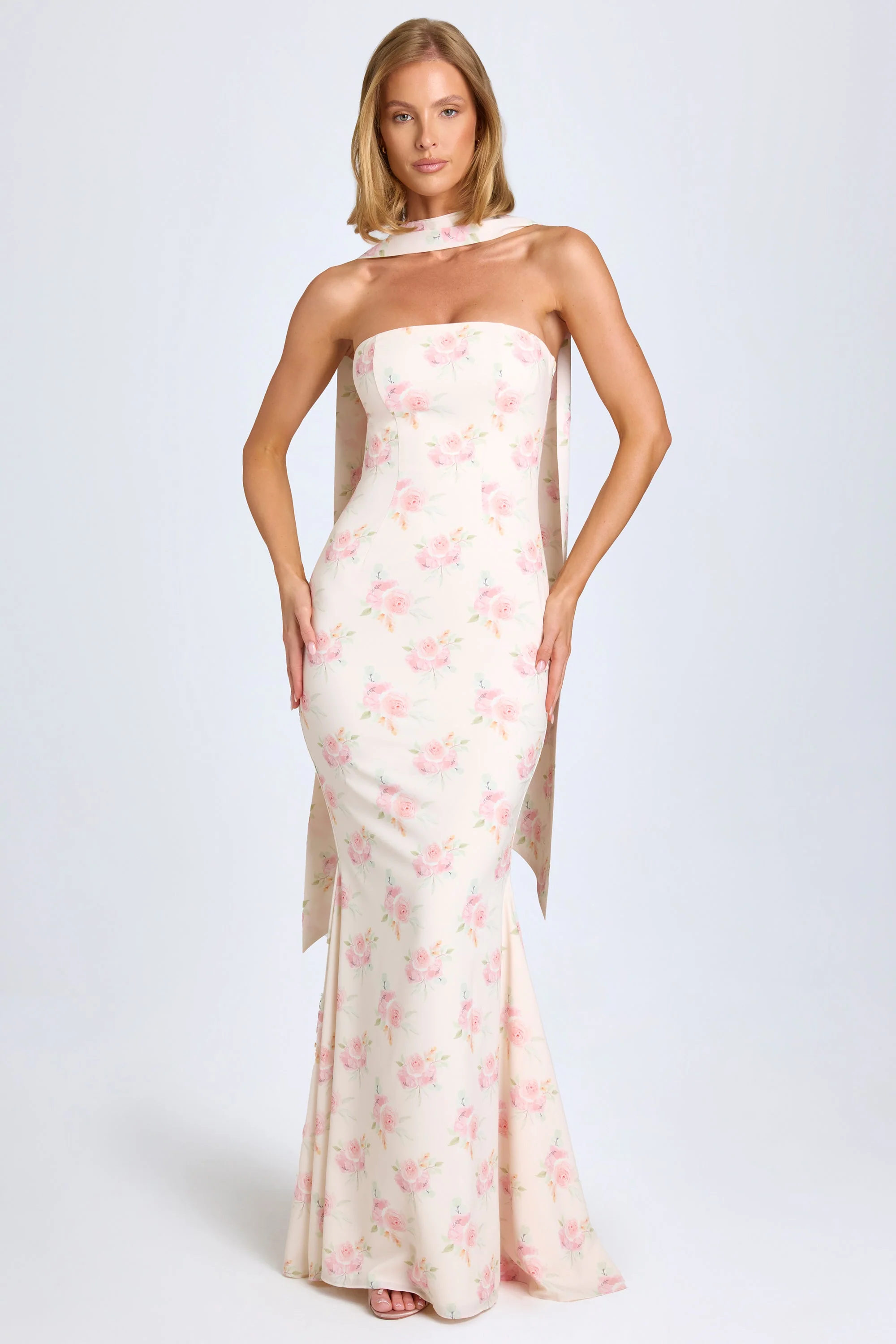 Scarf-Detail Strapless Gown in Large Rose Print - Image 5