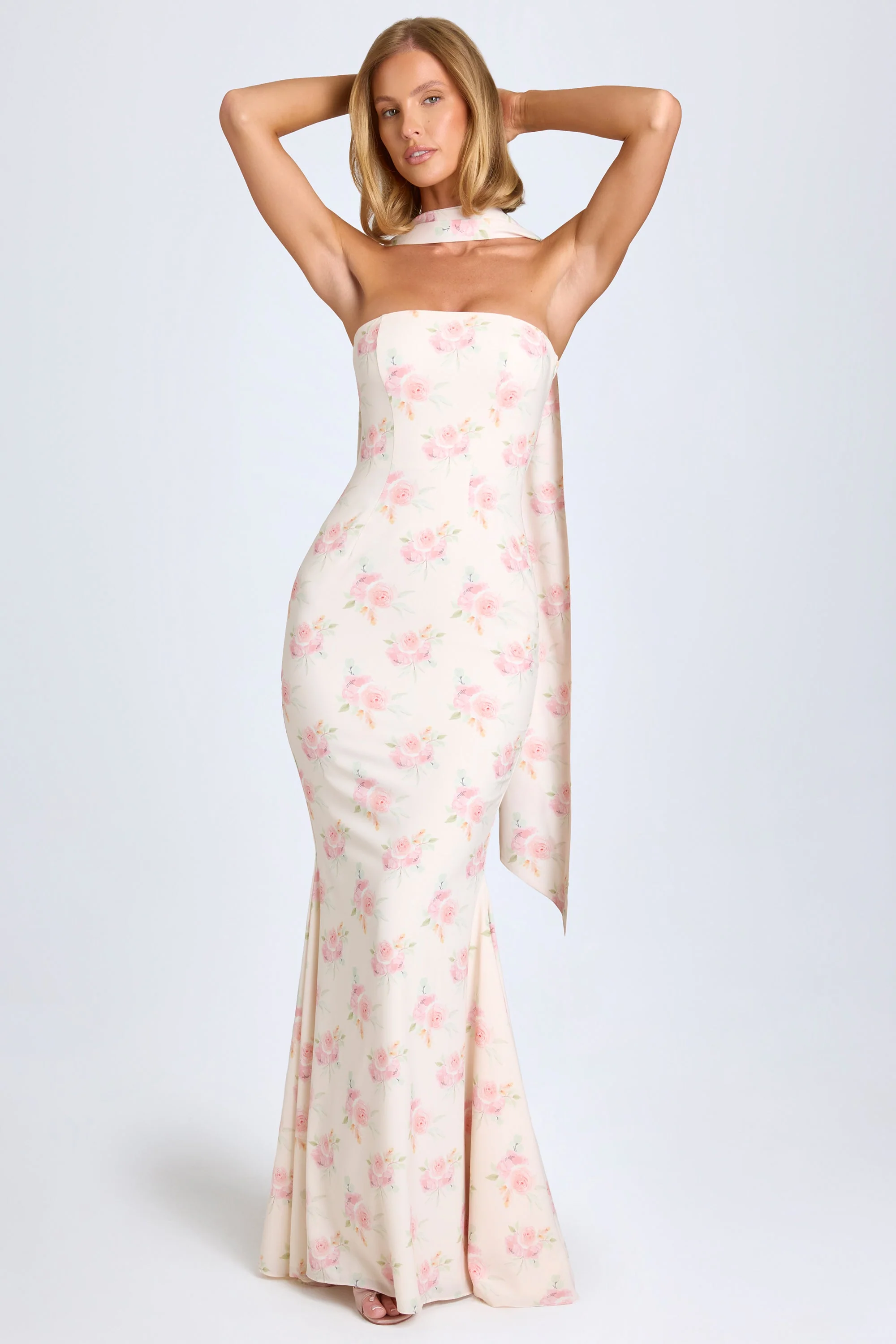 Scarf-Detail Strapless Gown in Large Rose Print - Image 6