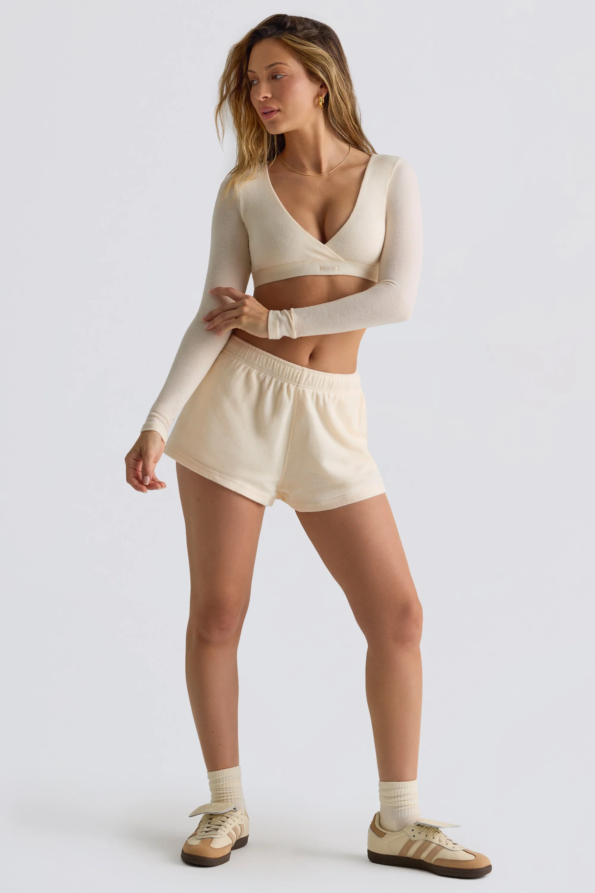 Brushed Jersey Elasticated Mini Shorts in Ecru - Image 3