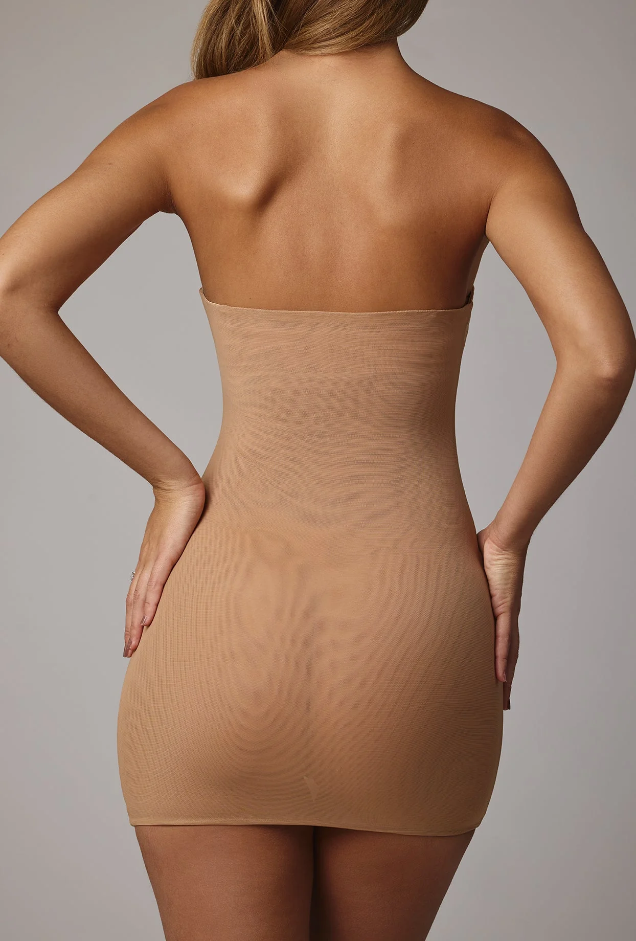 Soft Sheer-Mesh Bandeau Mini Slip Dress in Almond - Image 2