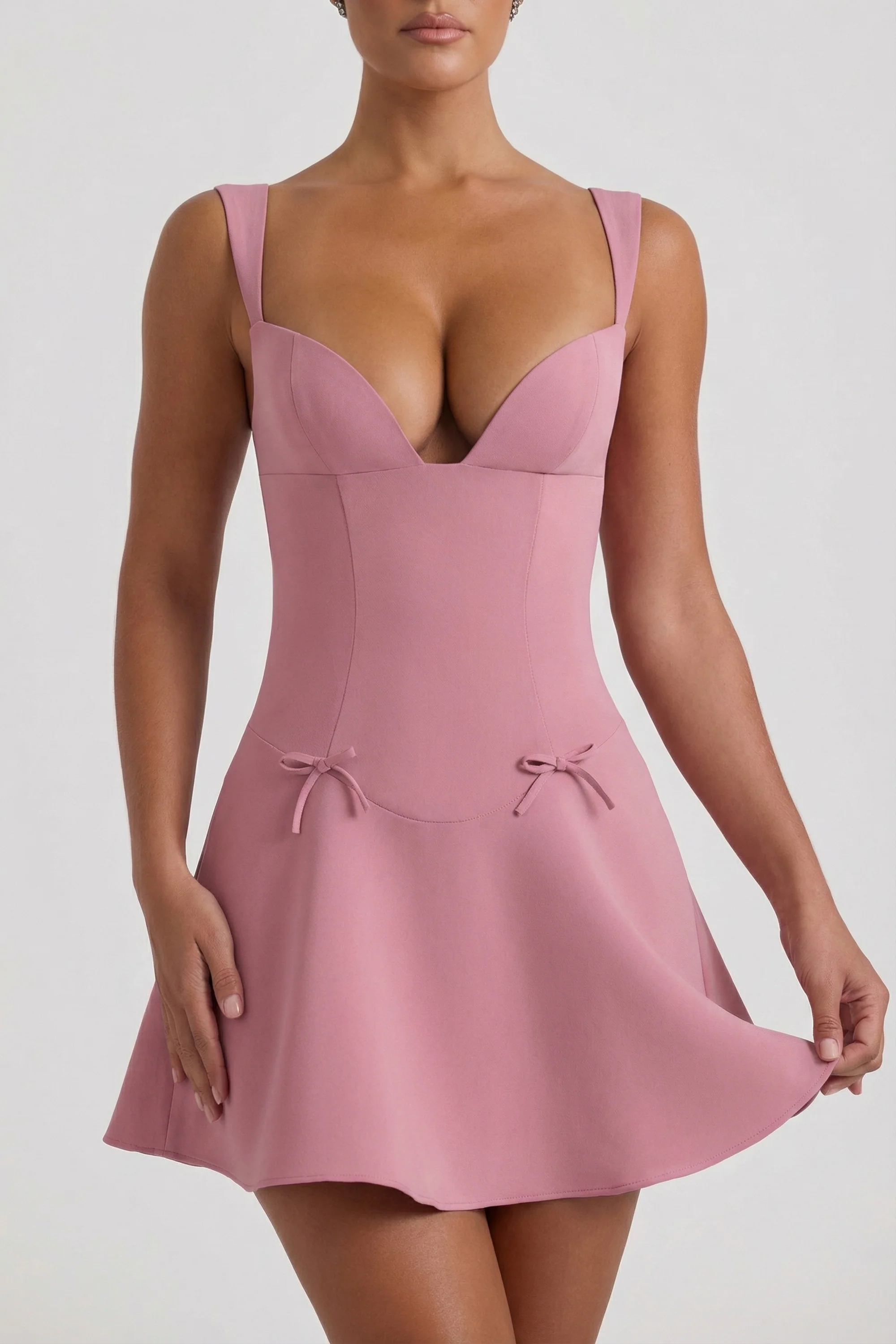 Bow-Detail A-Line Mini Dress in Dusty Pink - Image 4