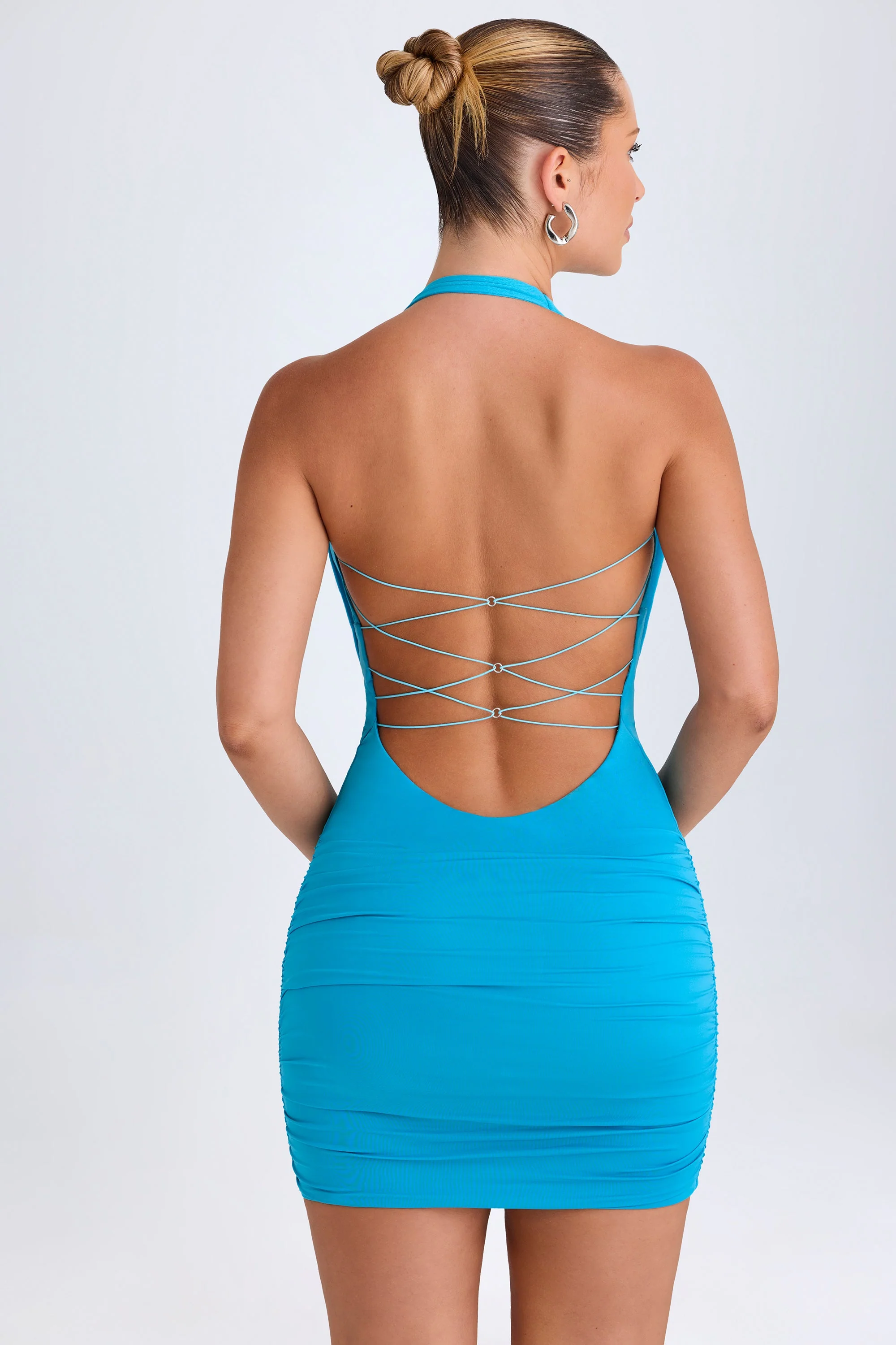 Hardware Detail Cut-Out Cowl-Neck Mini Dress in Aqua Blue - Image 6