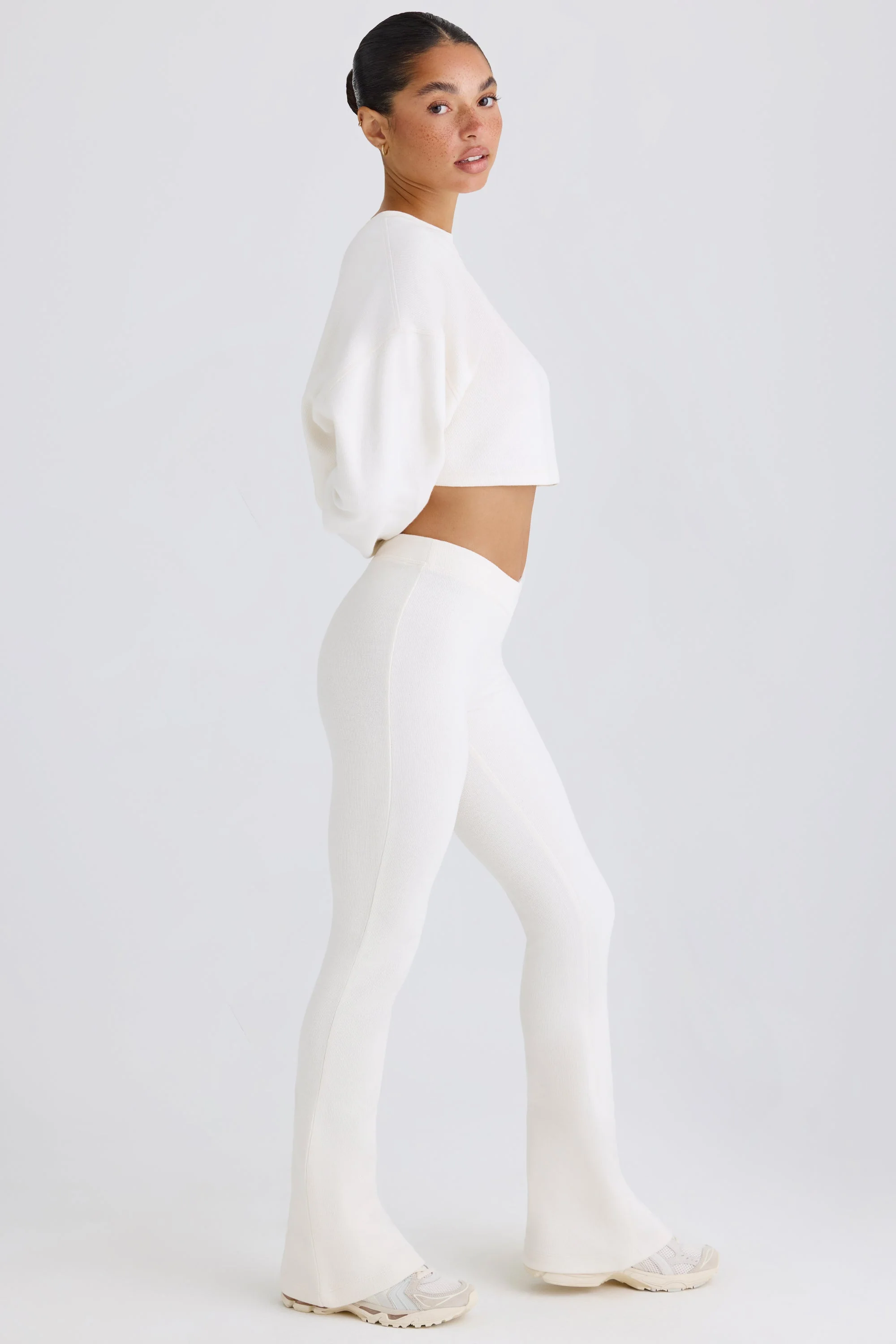 Textured Cotton Jersey Flared Trousers in White - Image 3