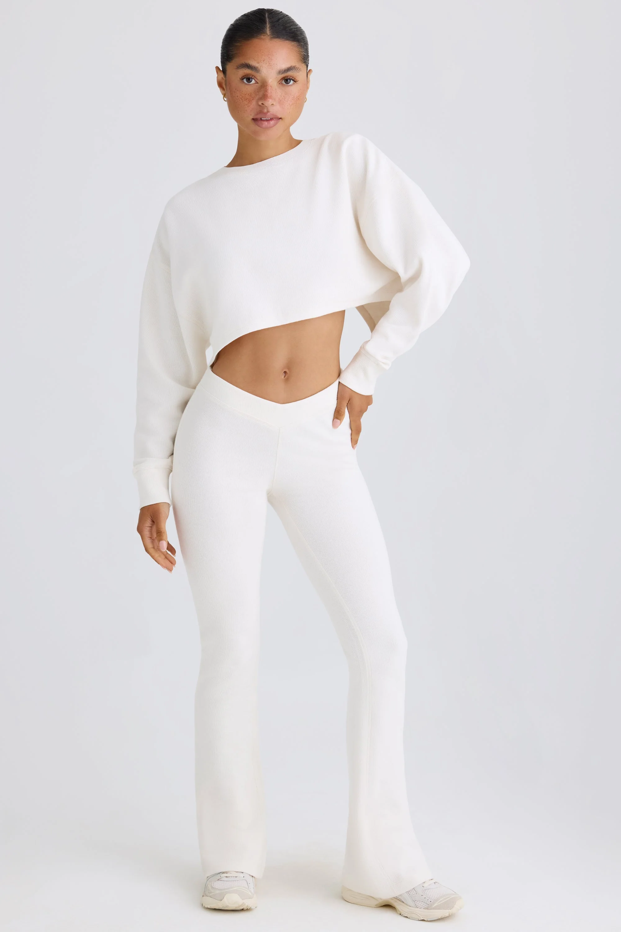 Textured Cotton Jersey Flared Trousers in White - Image 6
