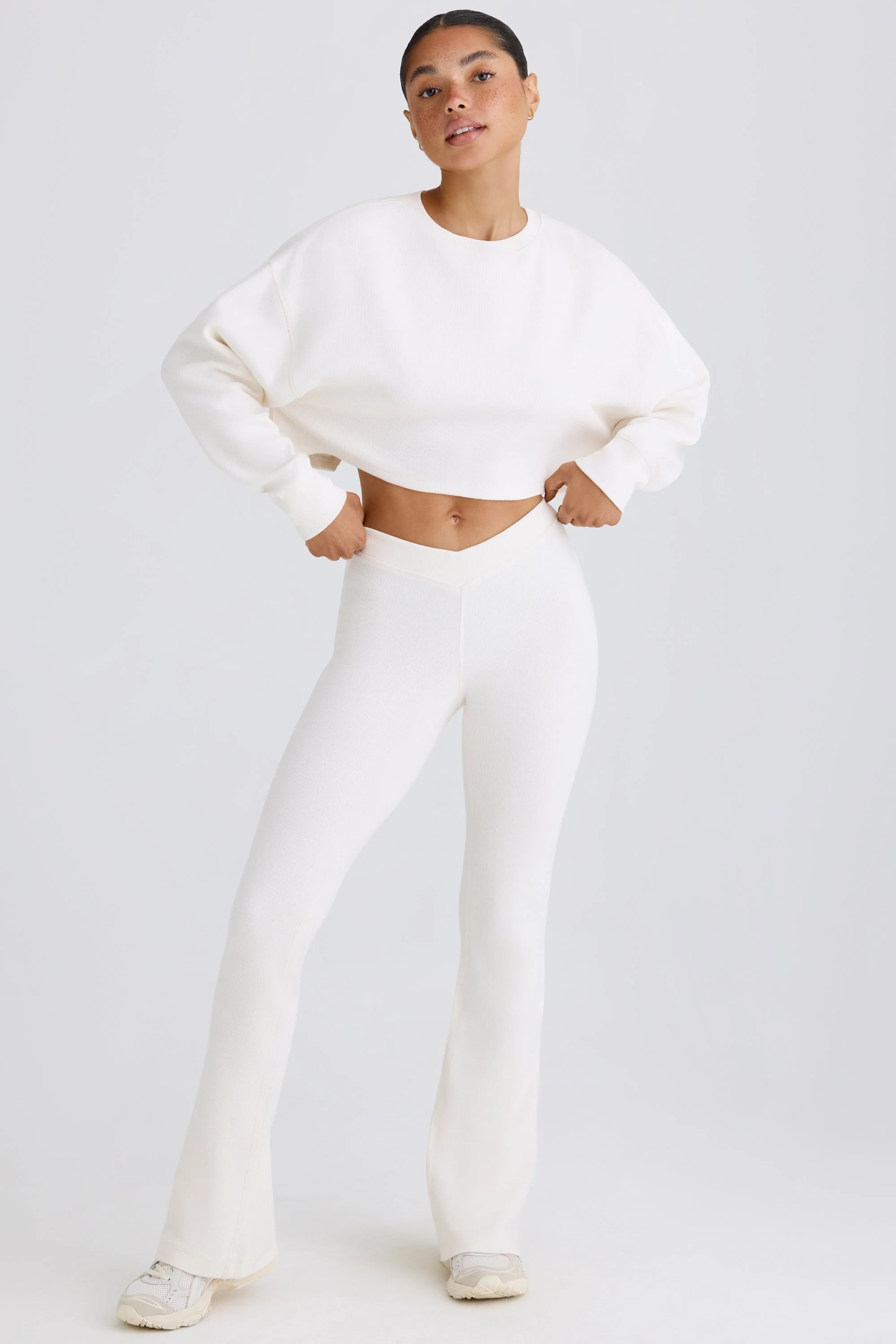 Textured Cotton Jersey Flared Trousers in White - Image 8
