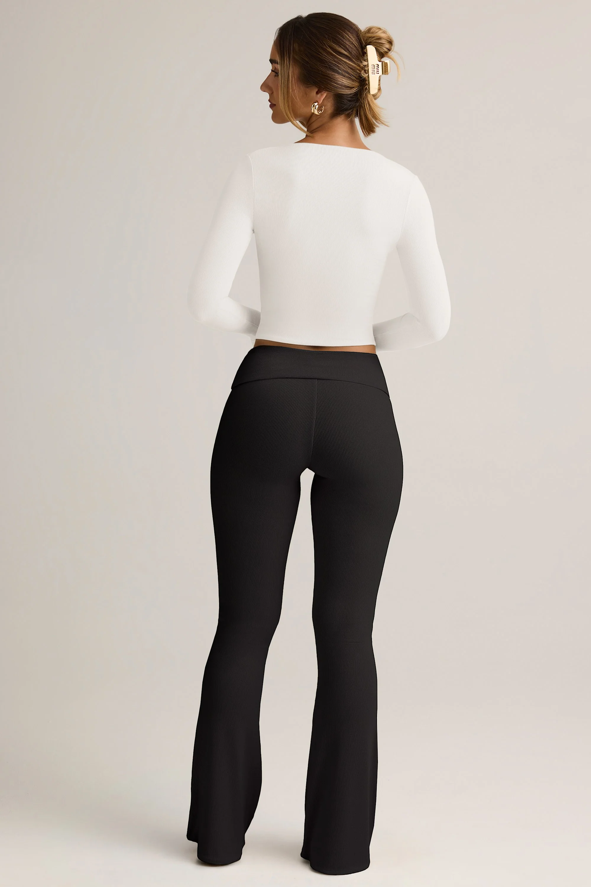 Modal Ribbed Foldover Flared Trousers in Black - Image 2