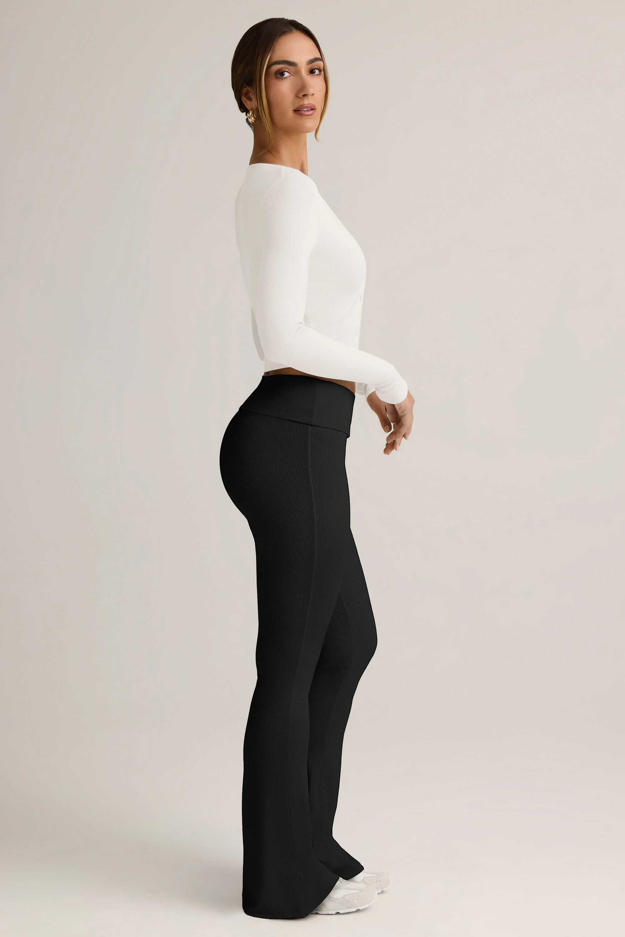 Modal Ribbed Foldover Flared Trousers in Black - Image 3