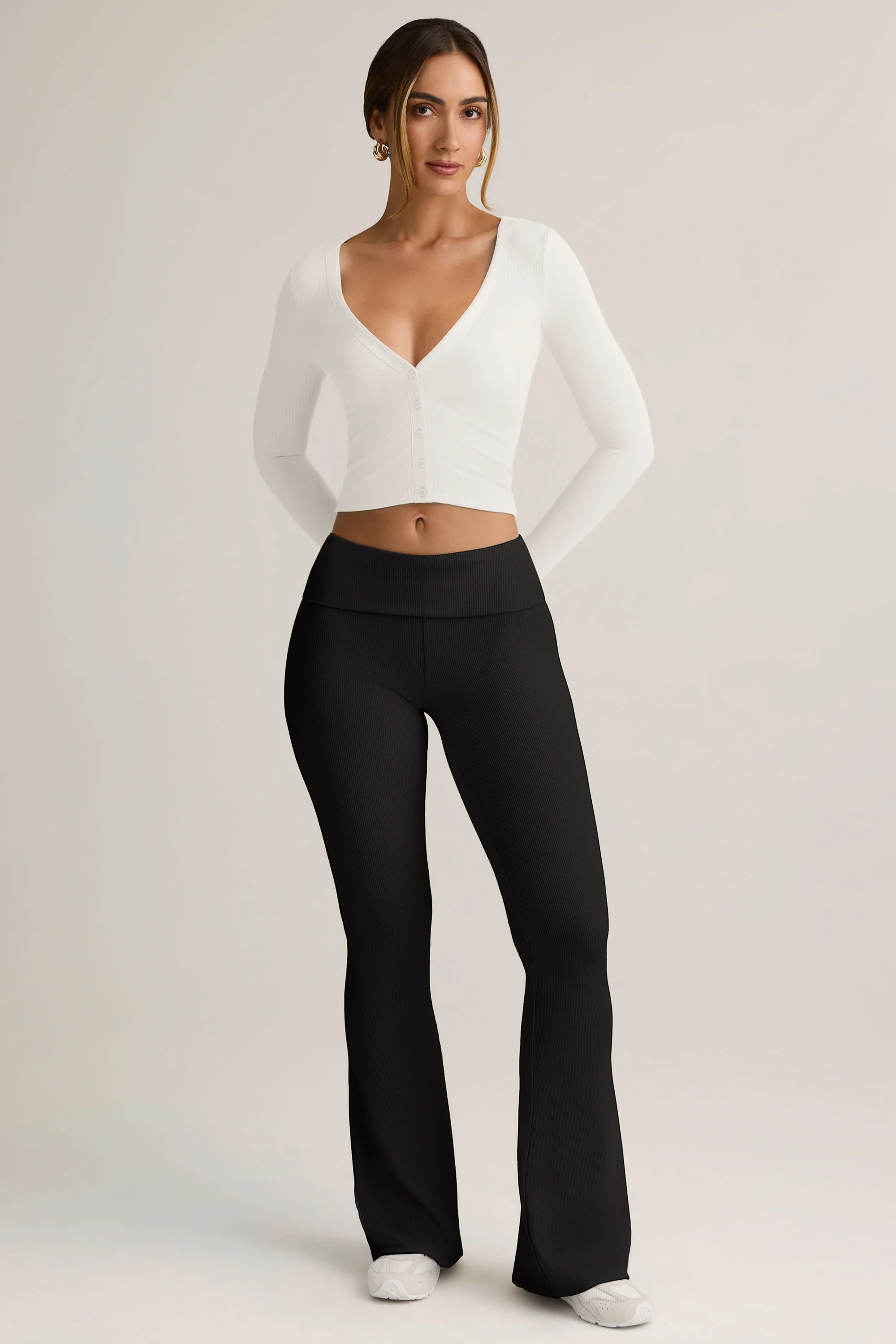 Modal Ribbed Foldover Flared Trousers in Black - Image 5