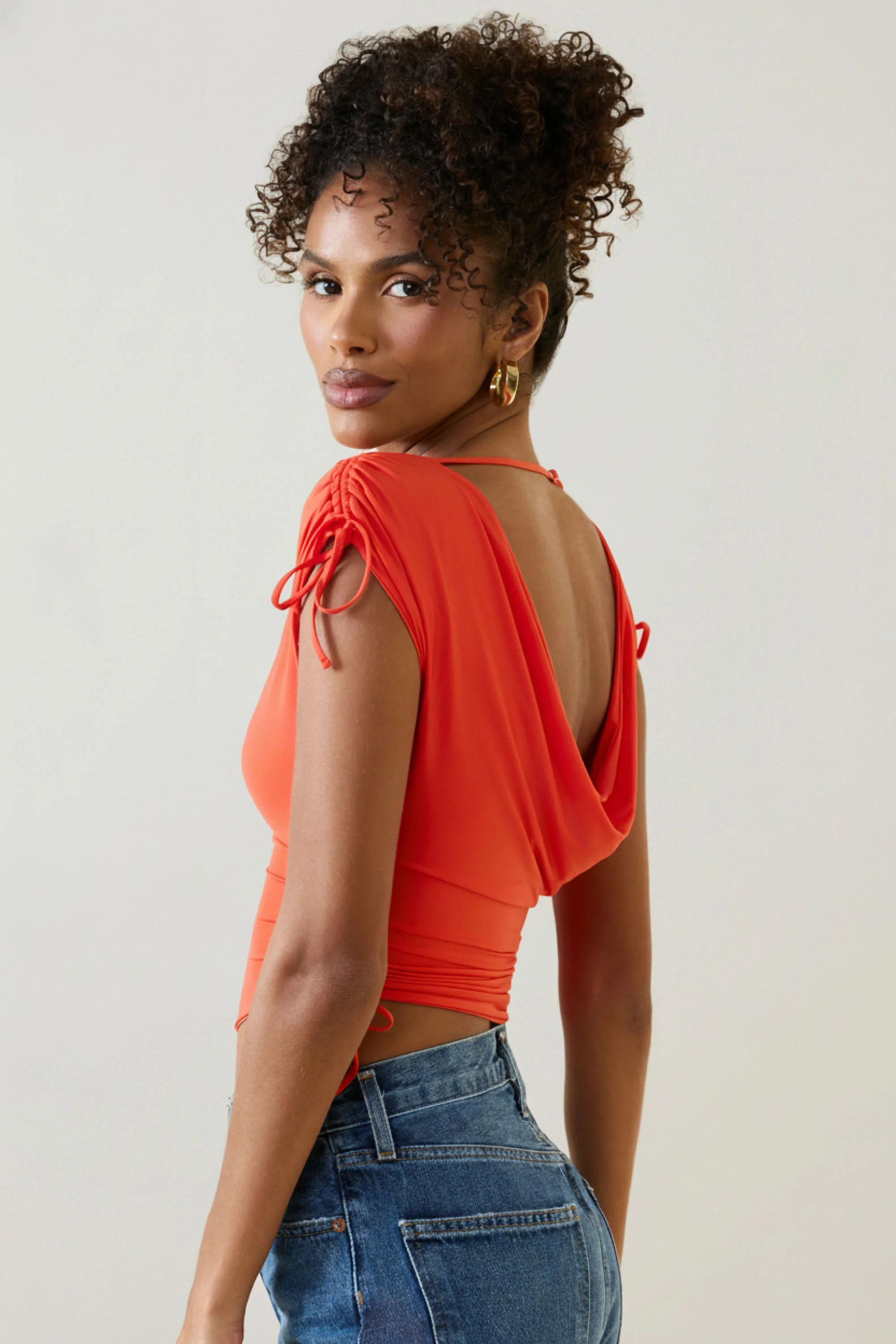 Asymmetric Ruched Cowl-Back Crop Top in Scarlet - Image 3