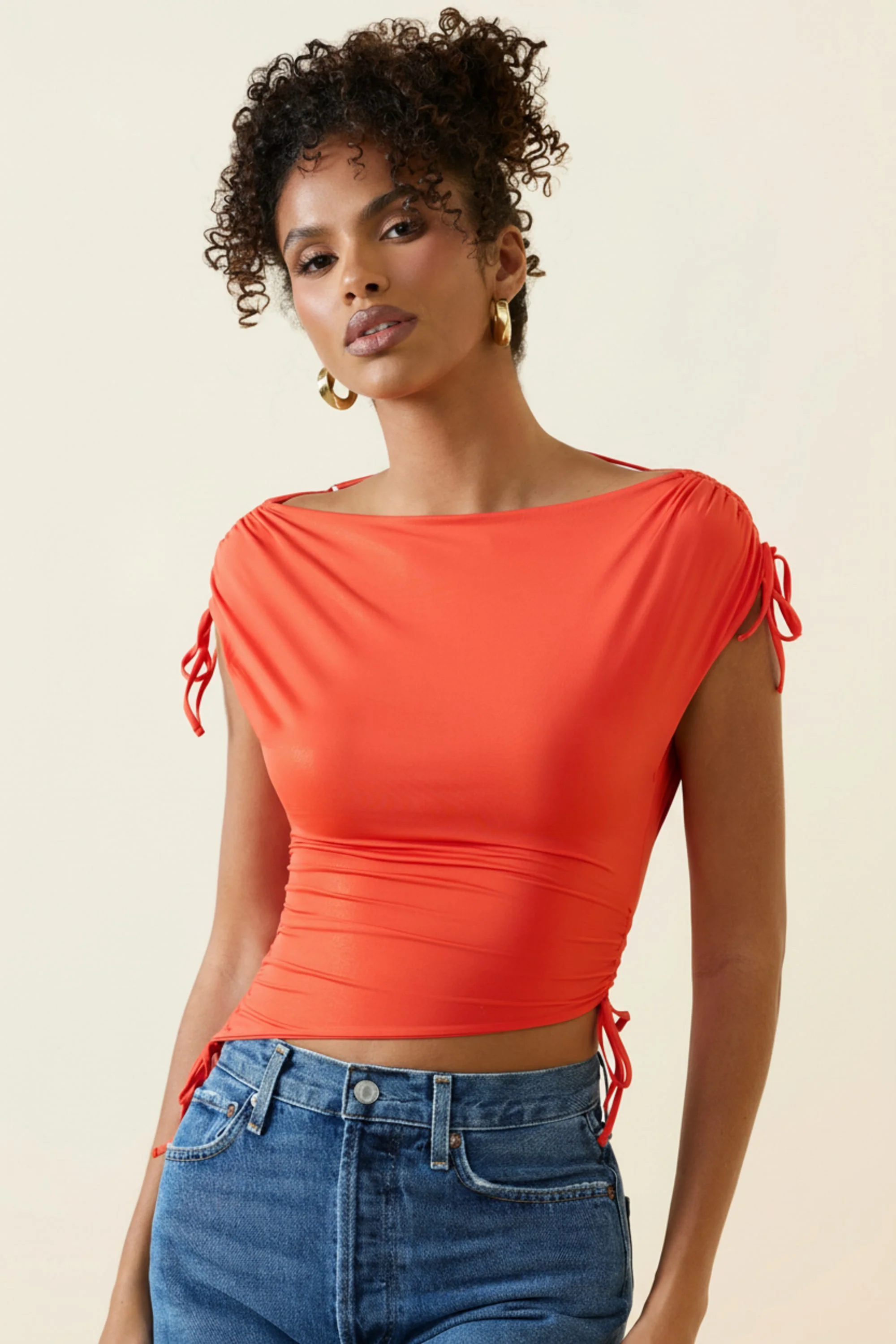 Asymmetric Ruched Cowl-Back Crop Top in Scarlet - Image 5