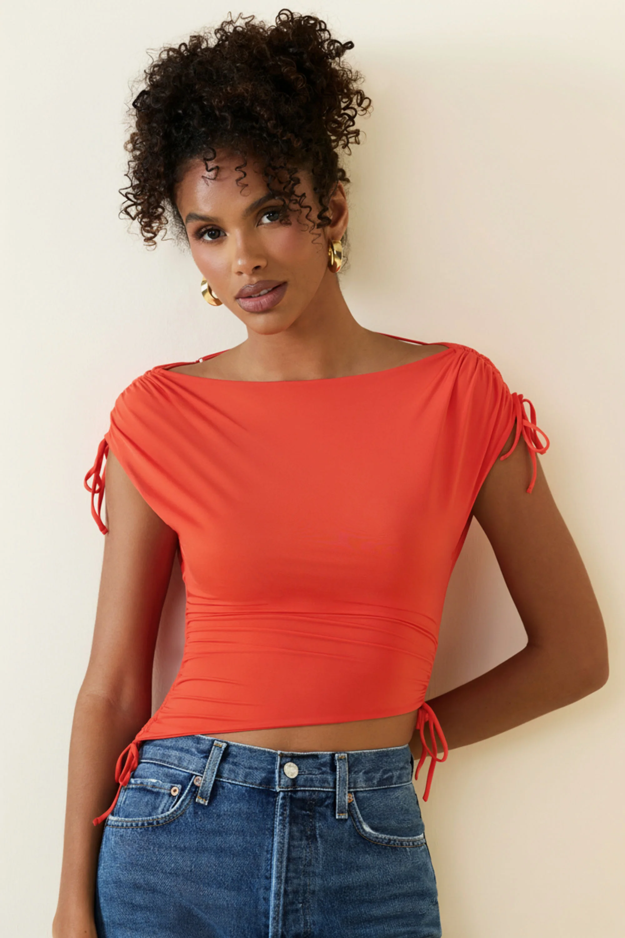 Asymmetric Ruched Cowl-Back Crop Top in Scarlet - Image 6