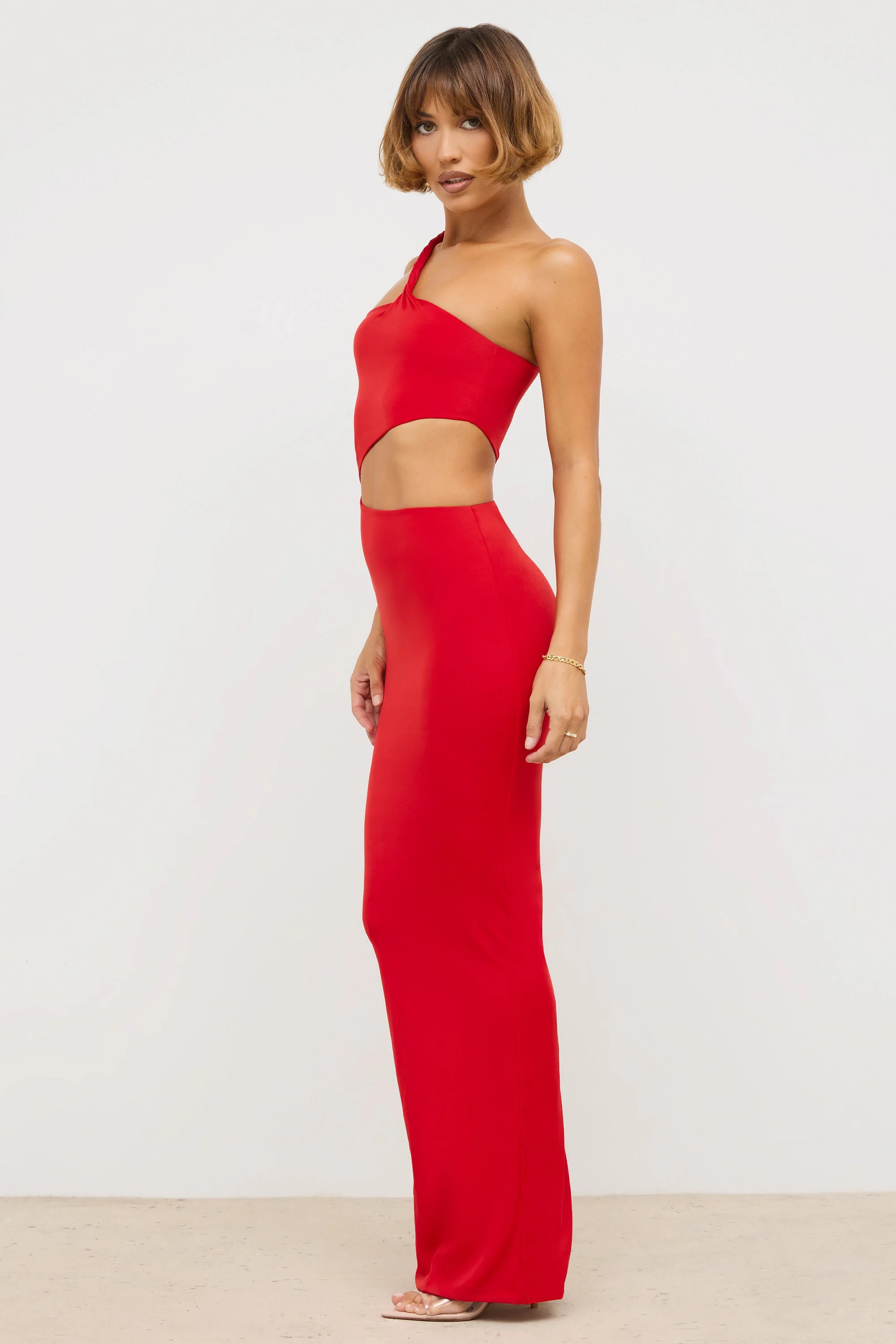 Premium Jersey Asymmetric Cut Out Maxi Dress in Scarlet Red - Image 3