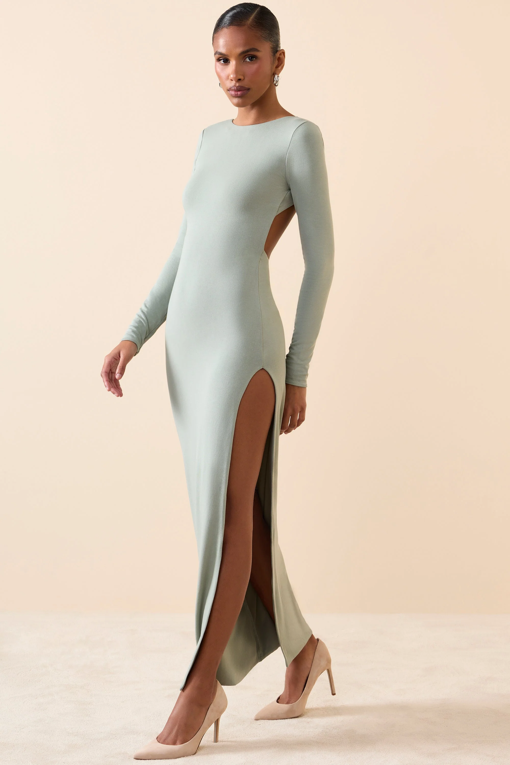 Long Sleeve Backless Maxi Dress in Smoke Green - Image 8