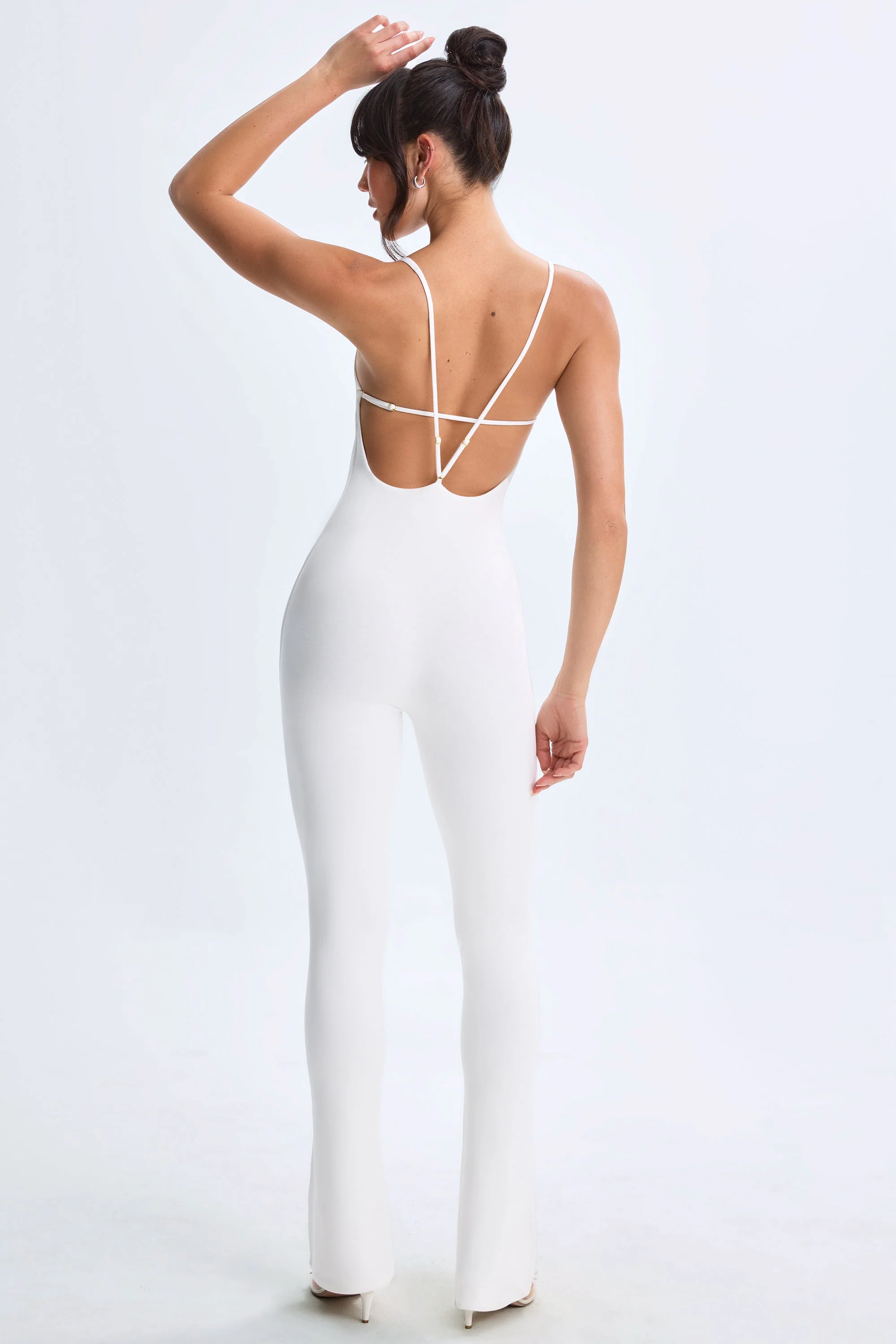 Modal Plunge Open-Back Flared Jumpsuit in White - Image 2