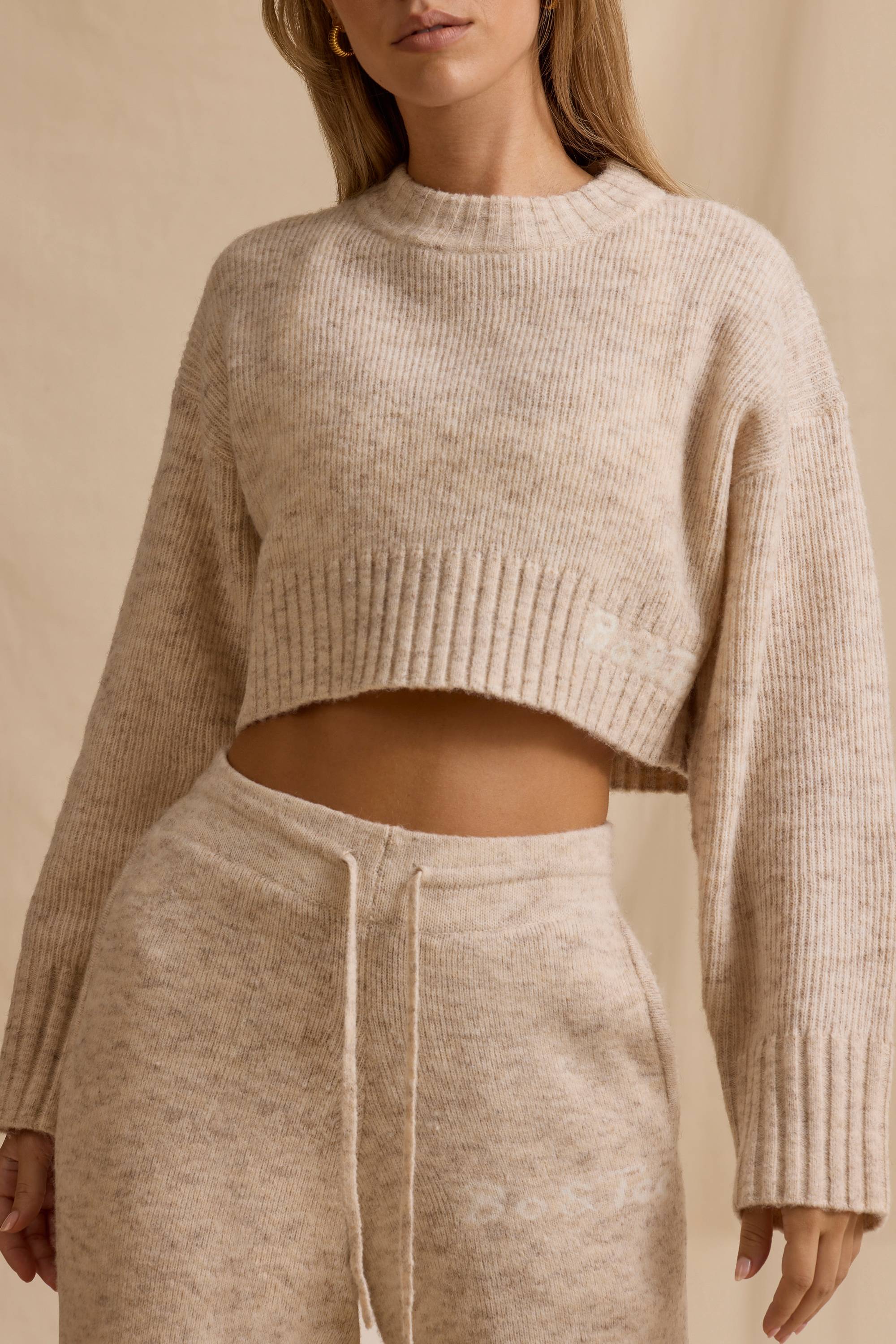 Ribbed Knit Cropped Jumper in Cream Marl - Image 4