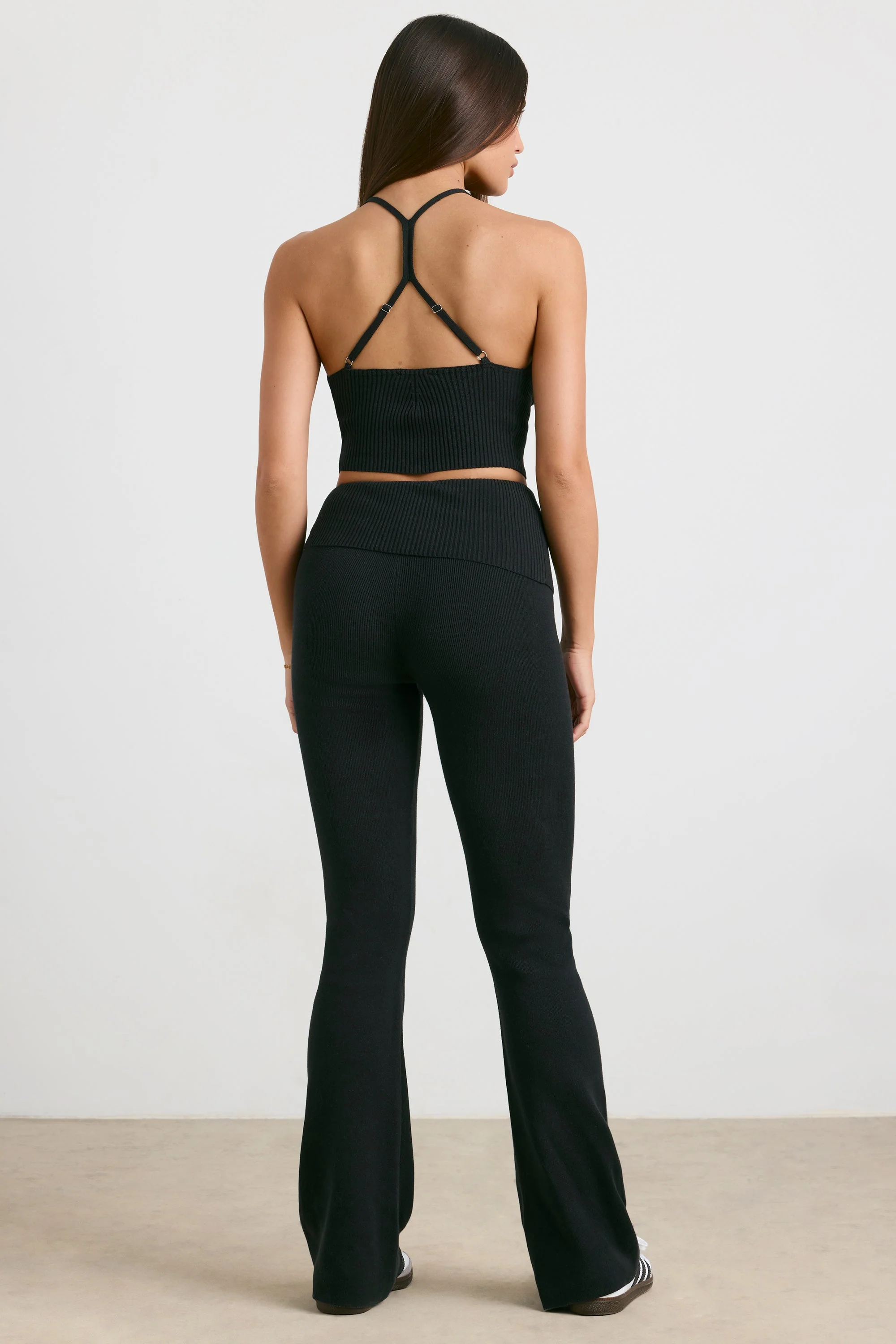 Chunky Knit Foldover Kick Flare Trousers in Black - Image 2