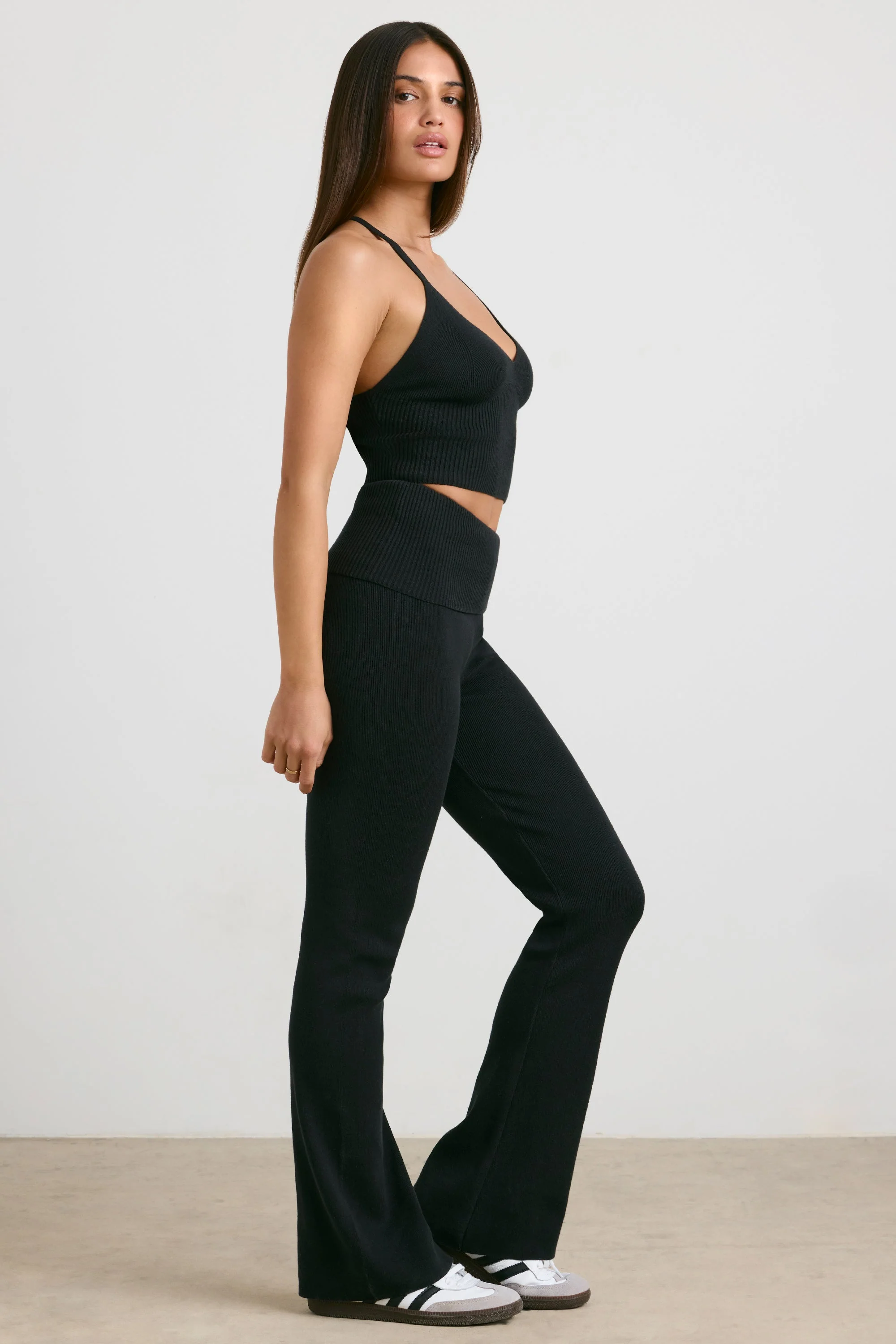 Chunky Knit Foldover Kick Flare Trousers in Black - Image 3