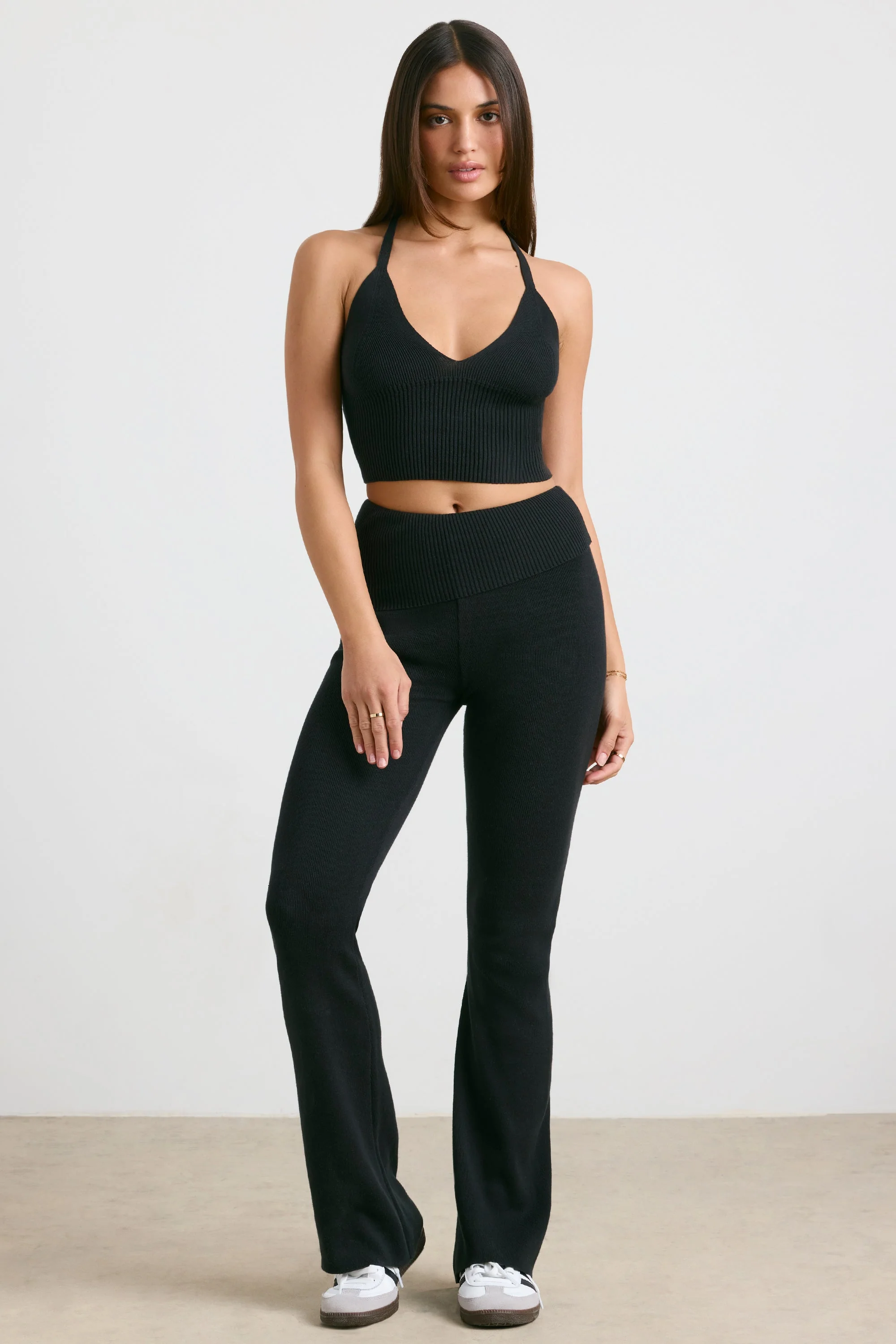 Chunky Knit Foldover Kick Flare Trousers in Black - Image 5