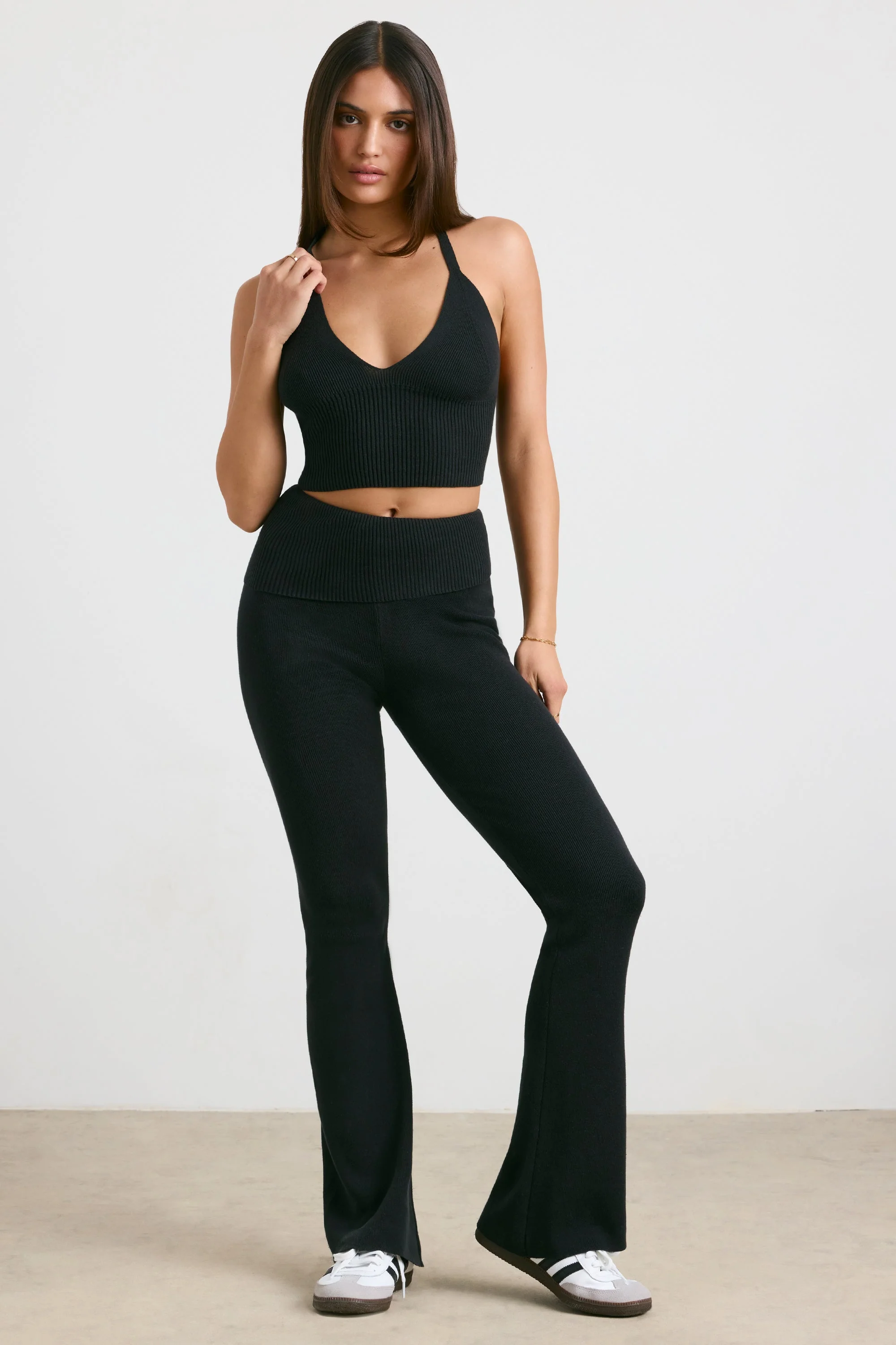 Chunky Knit Foldover Kick Flare Trousers in Black - Image 6