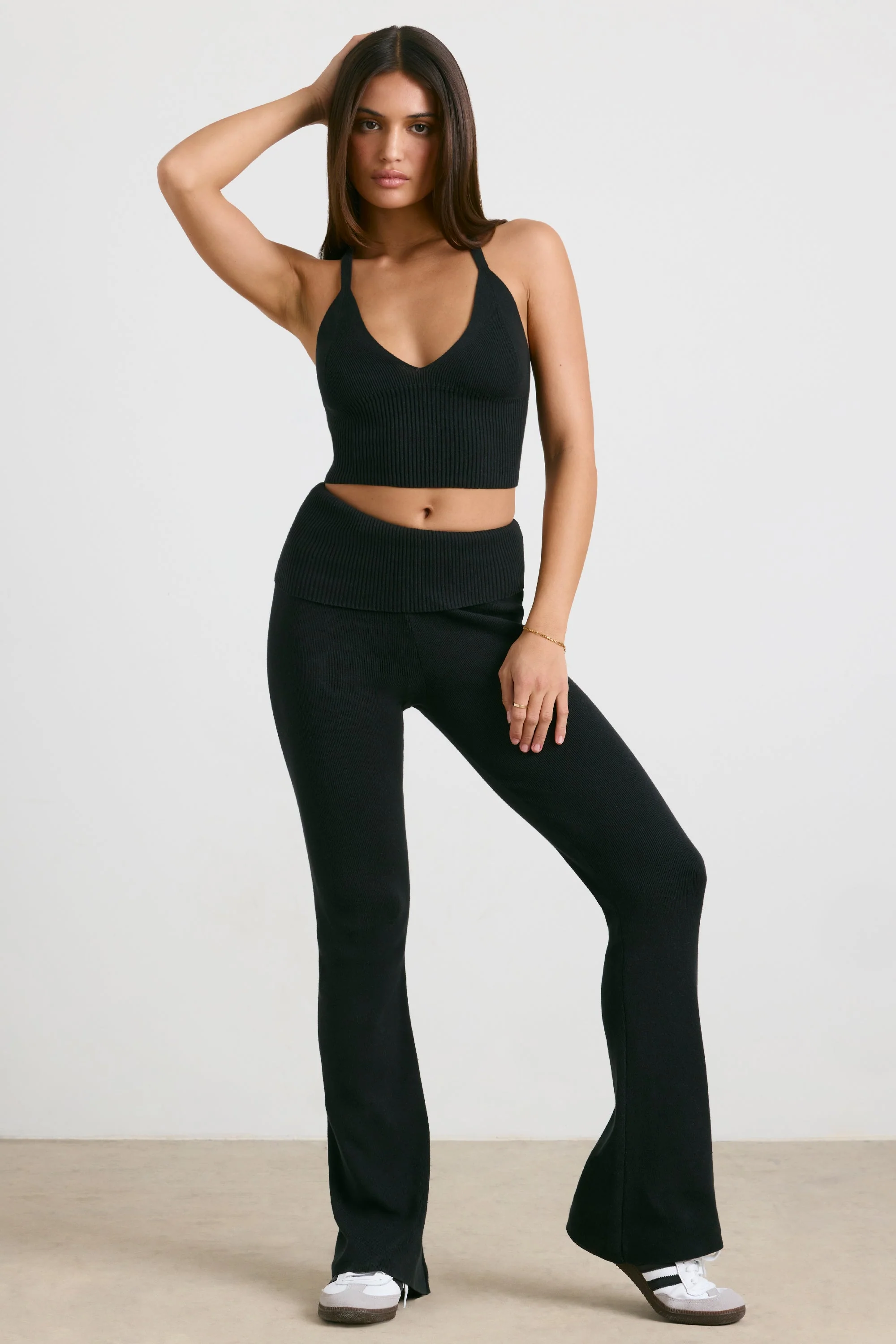 Chunky Knit Foldover Kick Flare Trousers in Black - Image 7