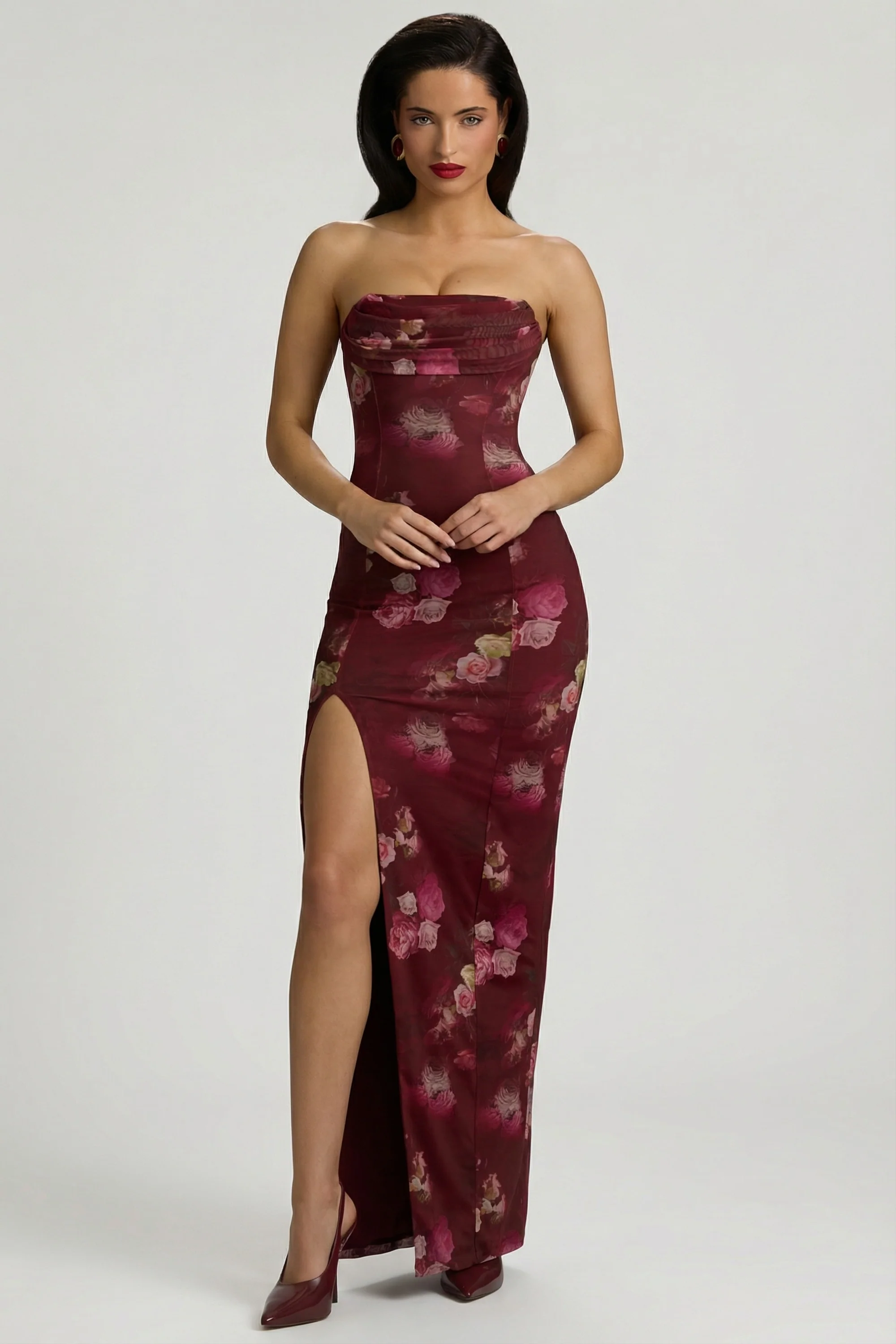 Bandeau Cowl-Neck Maxi Dress in Maroon Floral Print - Image 2