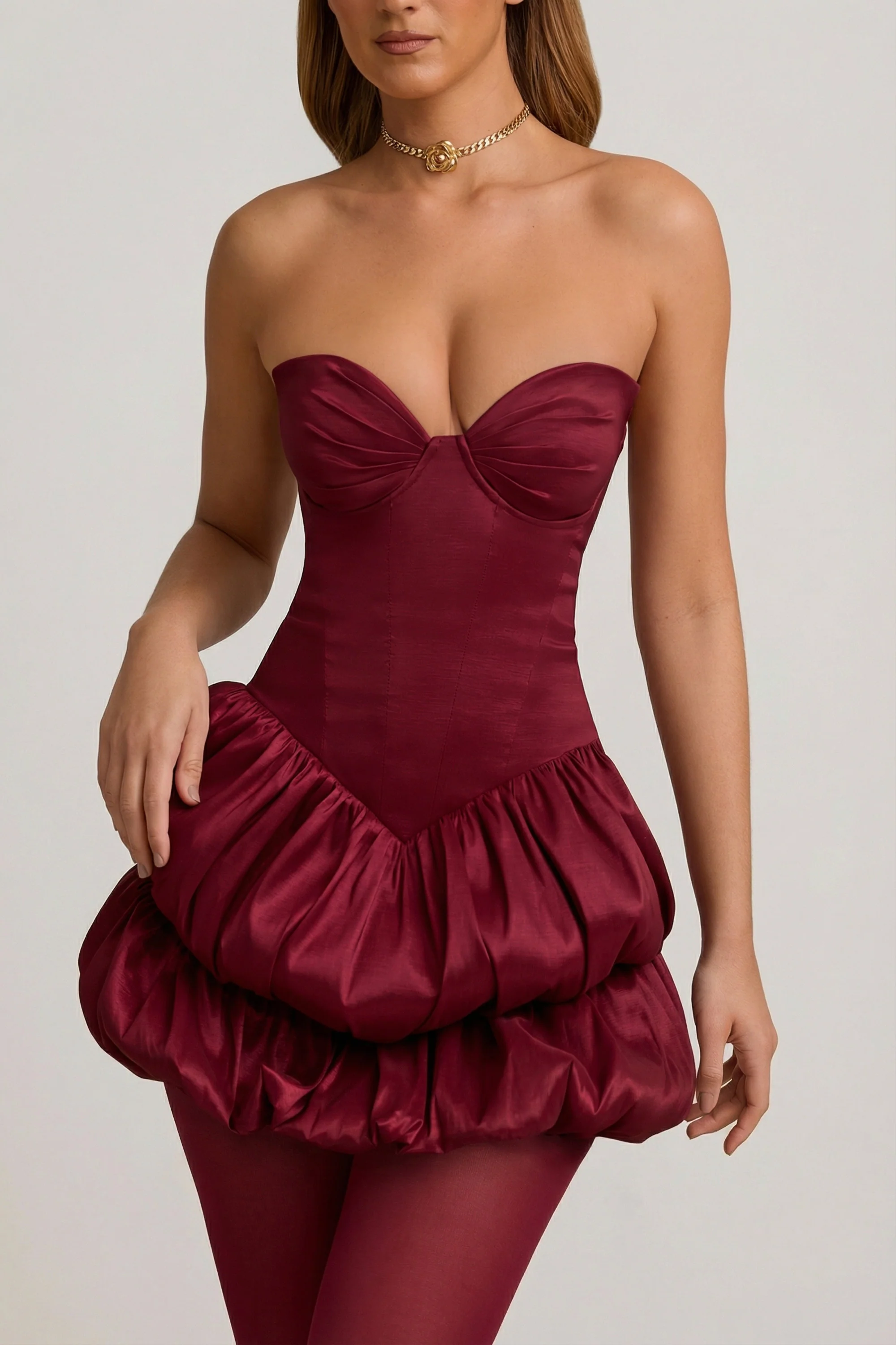 Satin Bubble Hem Corset Mini Dress in Wine Red - Image 3