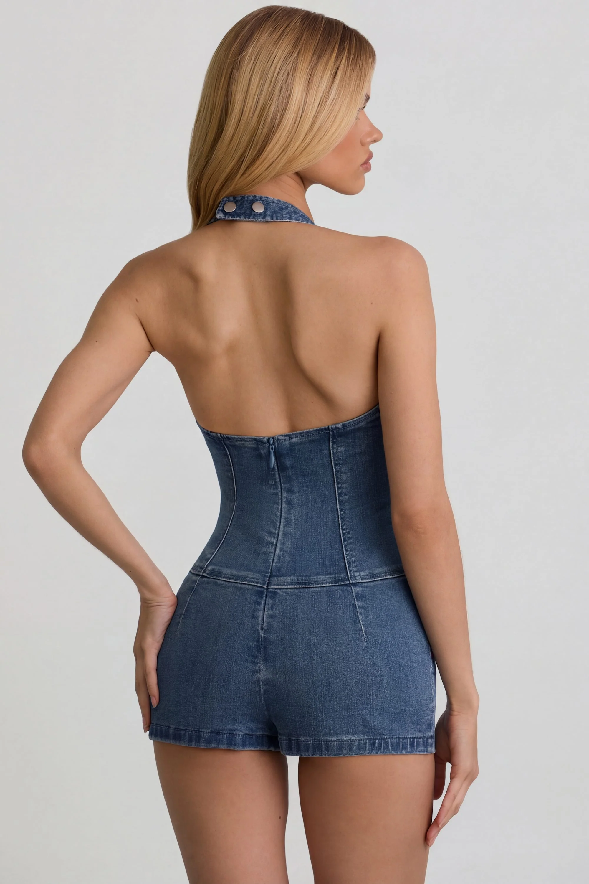 Button-Down Halterneck Playsuit in Mid-Blue - Image 6